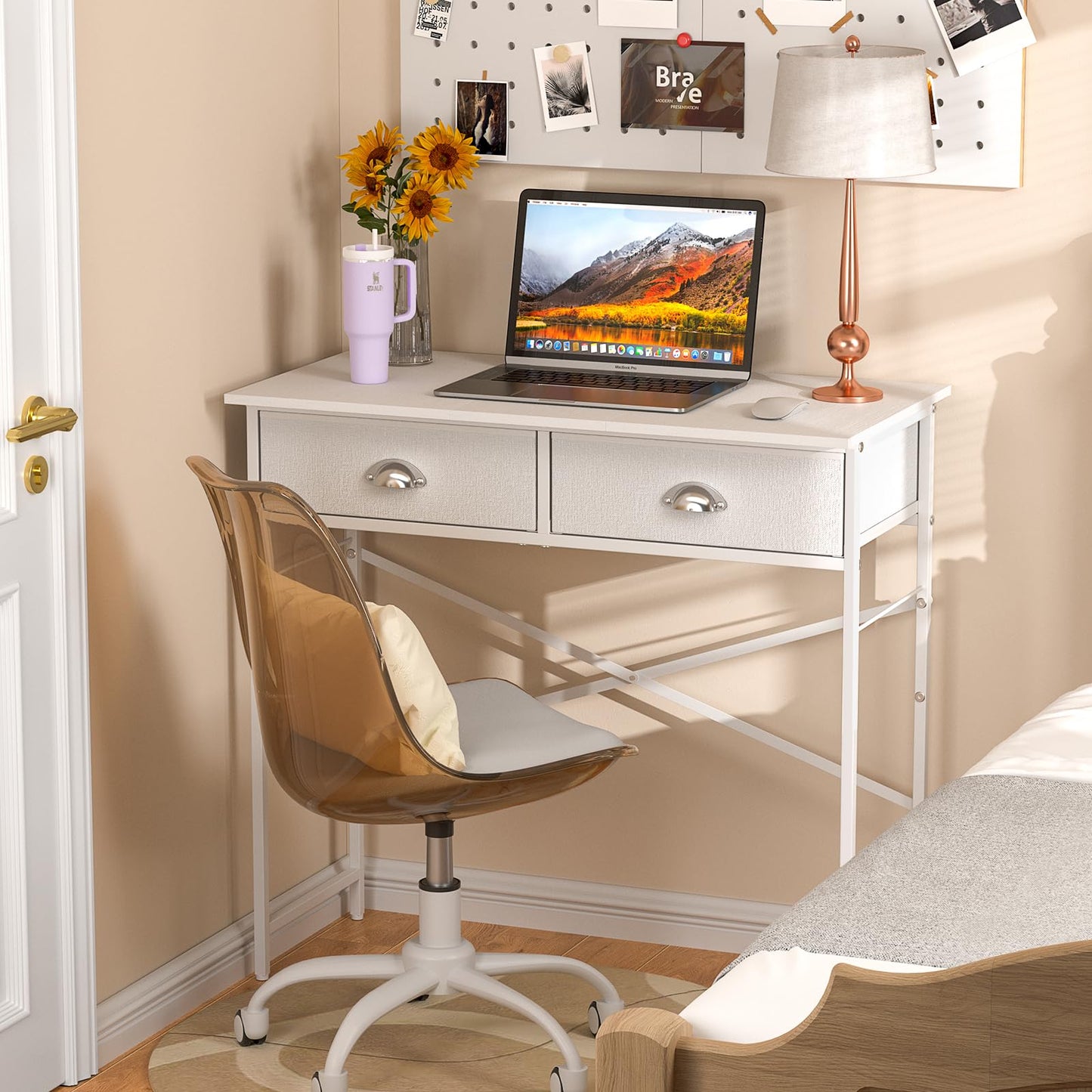 DAOUTIME White Writing Desk with 3 Drawers for Bedroom, 37.2 Inch Small Computer Desk for Small Spaces, Simple Study Table for Kids Bedroom, Home Office, Dorm, Living Room, Vanity Make Up Desk, White