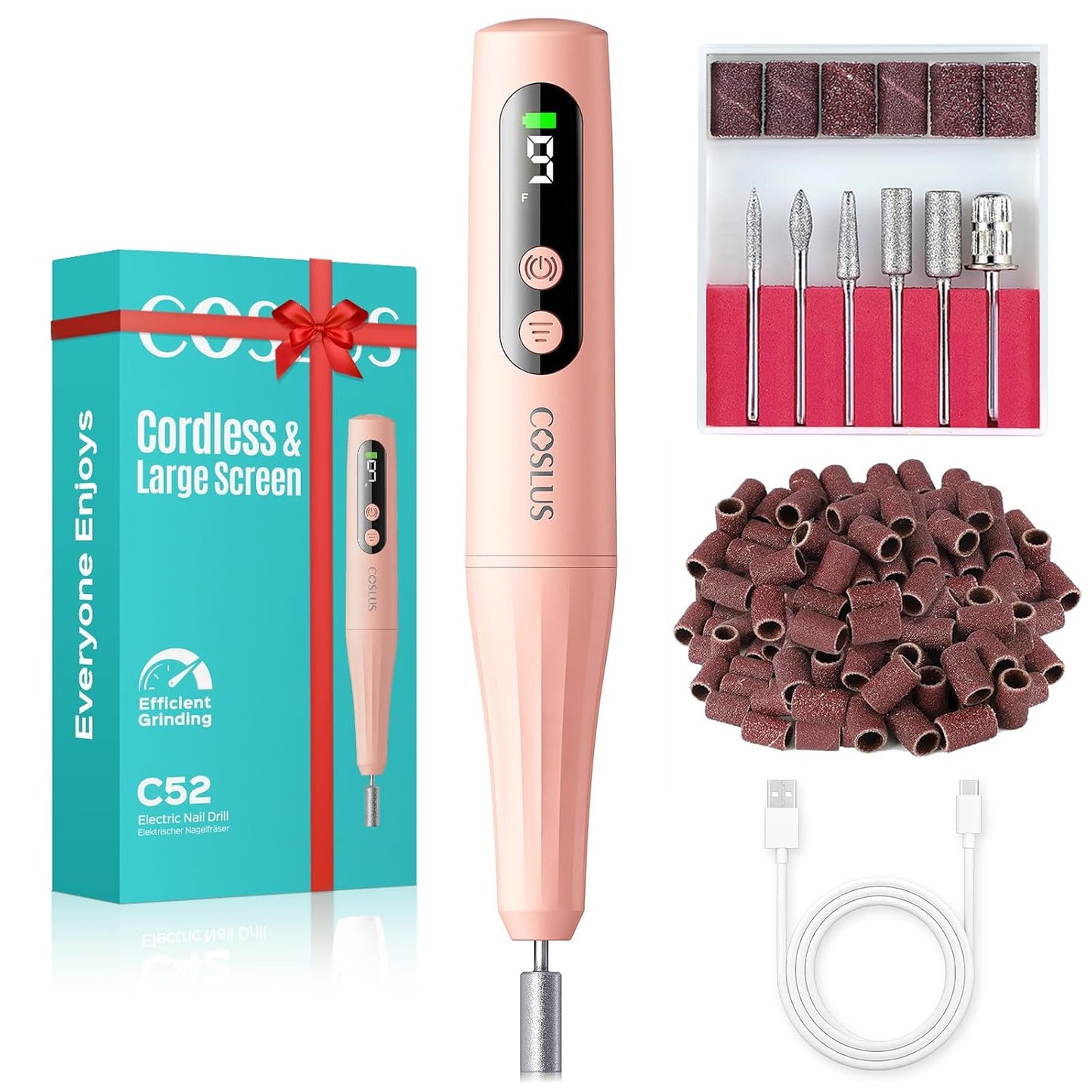 COSLUS Cordless Nail Drill - Professional Electric Nail File Kit with LED Screen | Portable for Home & Salon Use, Gray