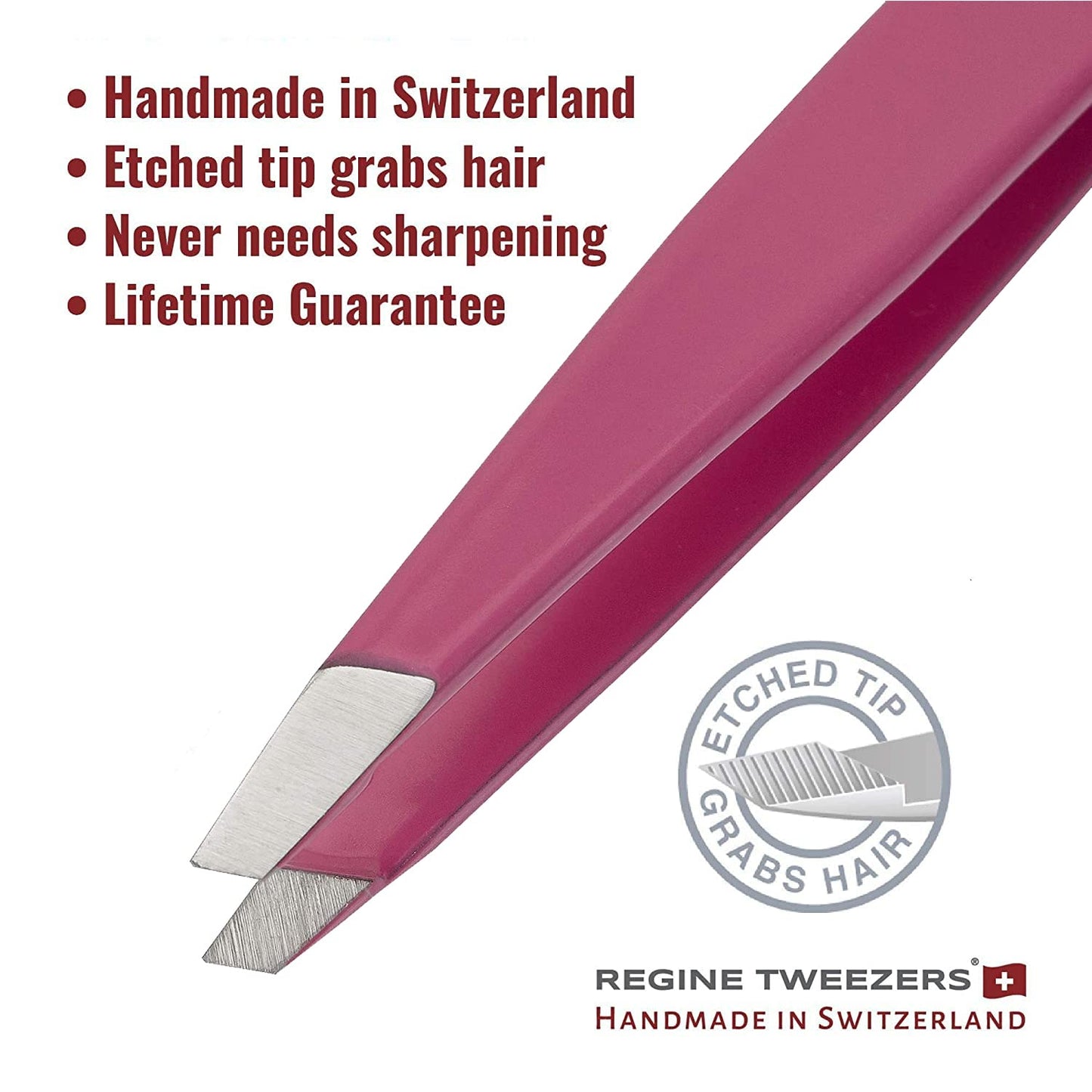 Regine Switzerland Slant Tweezer - Handmade in Switzerland - Professional Eyebrow & Facial Hair Remover - Etched Interior Grabs Hair from The Root - Perfectly Aligned Tips - Stainless Steel, Pink