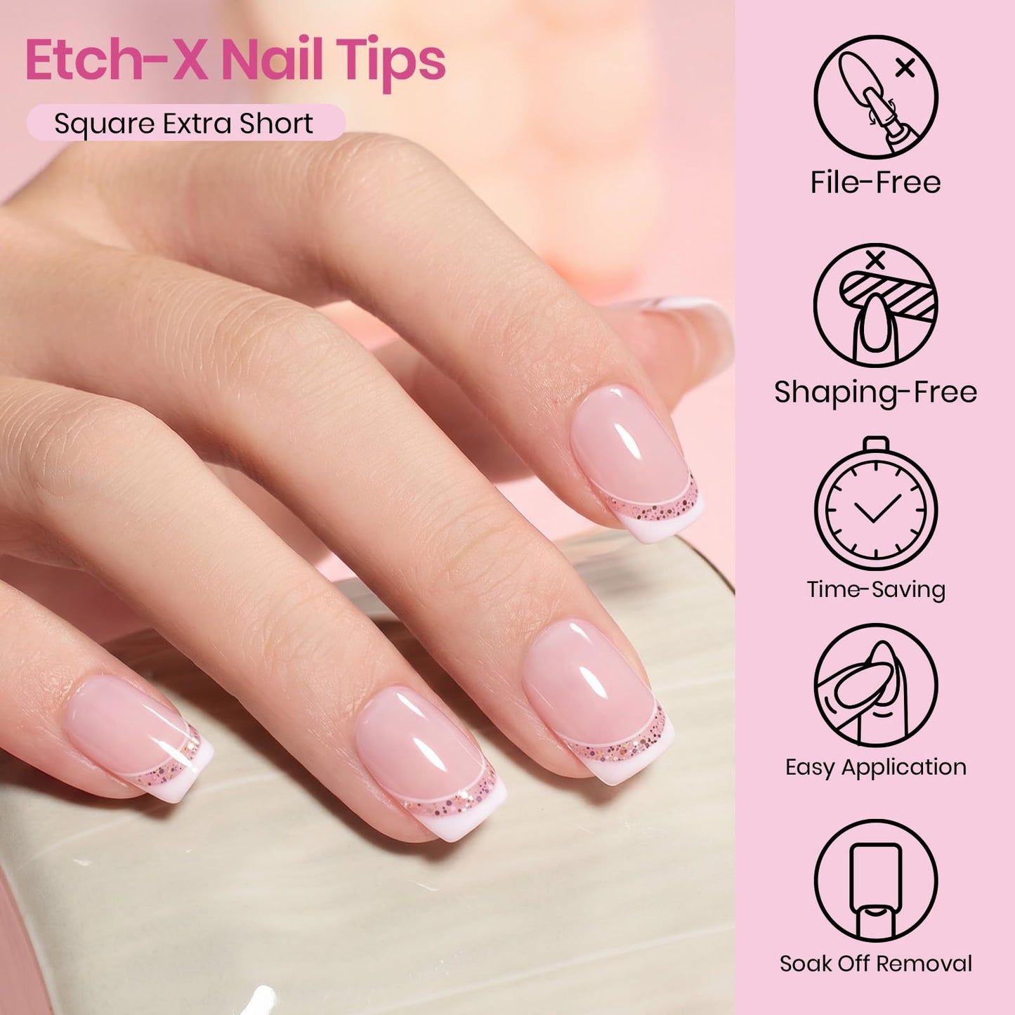Beetles Gel Nail Tips Etch-X- Square Extra Short, 384pcs 12 Sizes, Pre-Etched Half Matte Full Cover Soft Gel Nail Tips, Press on False Nail Extension Acrylic Fake Nails, Easy DIY Salon Art