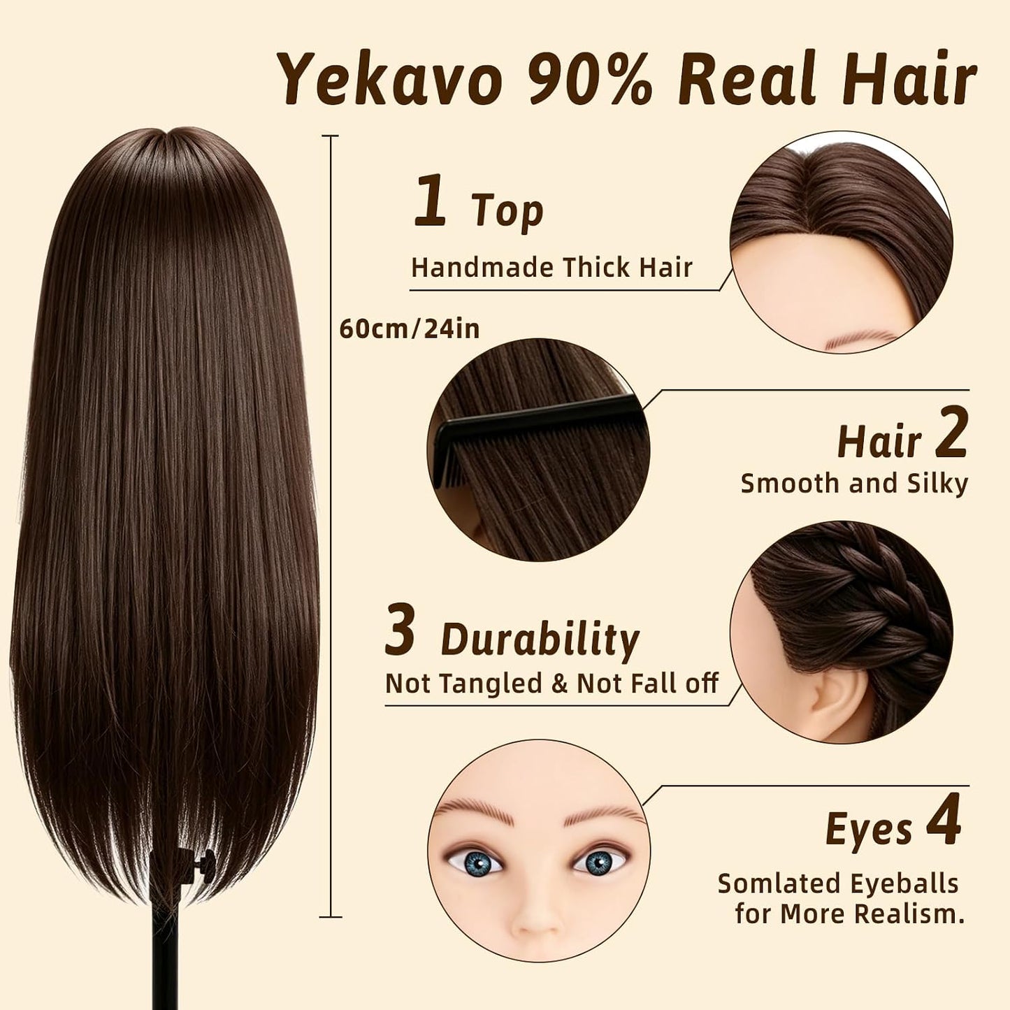 Mannequin Head - 90% Human Hair Styling Doll for Cosmetology | 24" Dark Brown Hairdressing Training Head with Clamp
