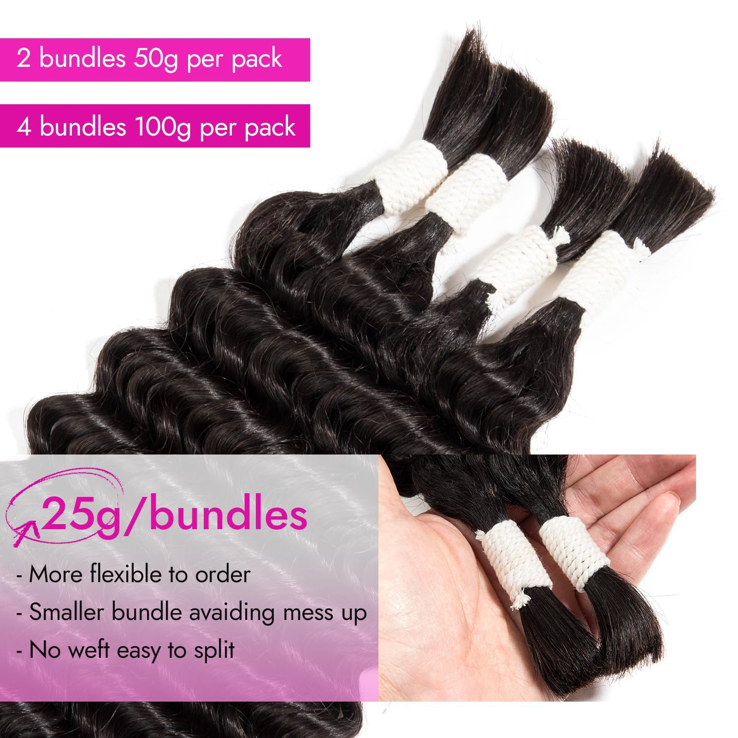 Human Braiding Hair for Boho Braids Deep Wave, Boho Human Hair for Braiding Curly, Human Hair Braiding Hair for Black Women, Natural Color, 16 Inch 50g-2 Bundles in One