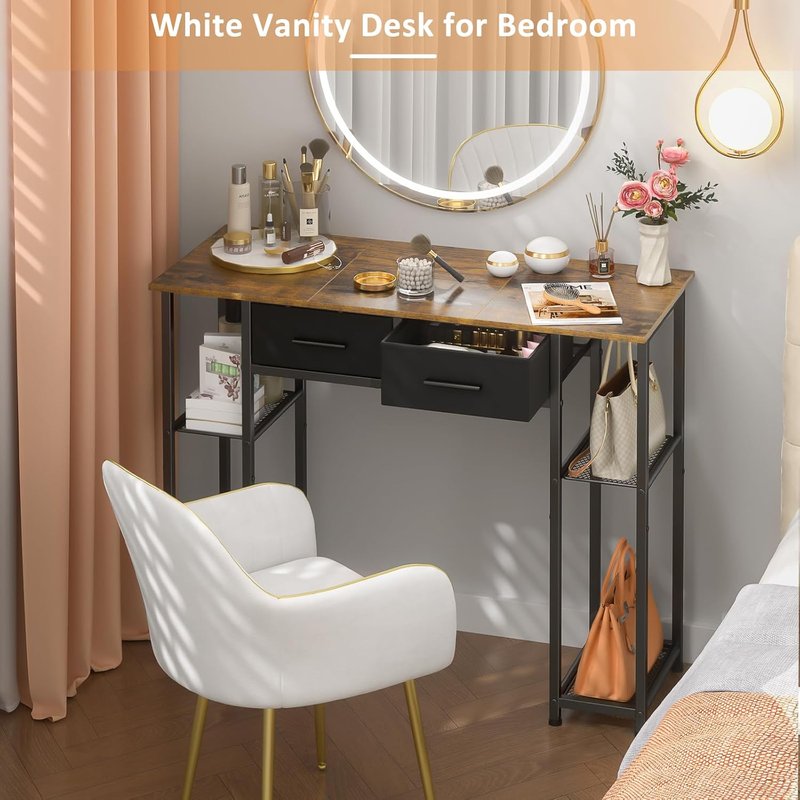 Computer Desk with Drawers - 37.3 Inch Home Office Workstation | Small Space Study Table in Brown