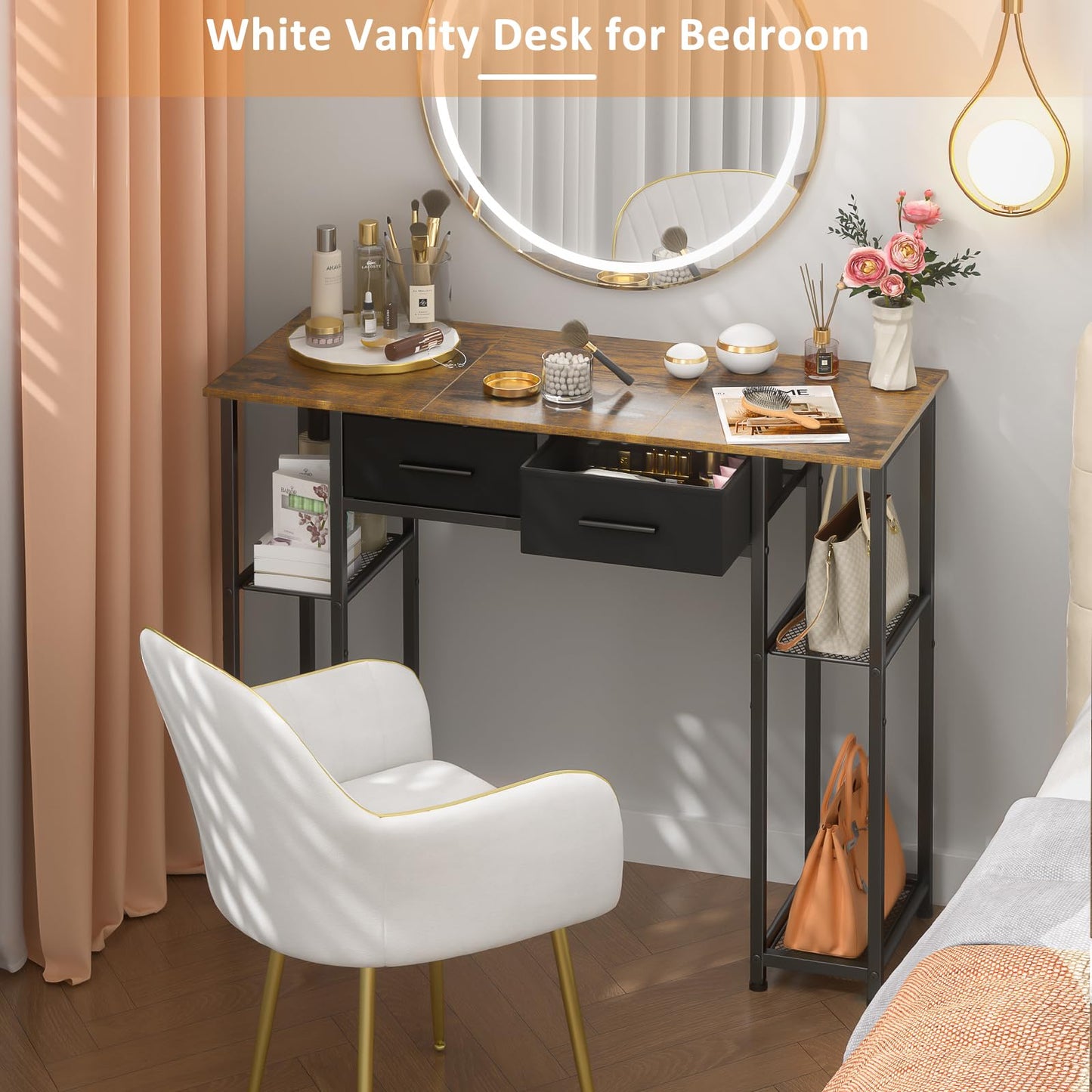 DAOUTIME Computer Desk with Drawers, 37.3 Inch Home Office Work Desk with Storage Shelf, Kids Teens Study Table for Small Space, Small Writing PC Table for Bedroom Makeup Vanity Desk, Brown