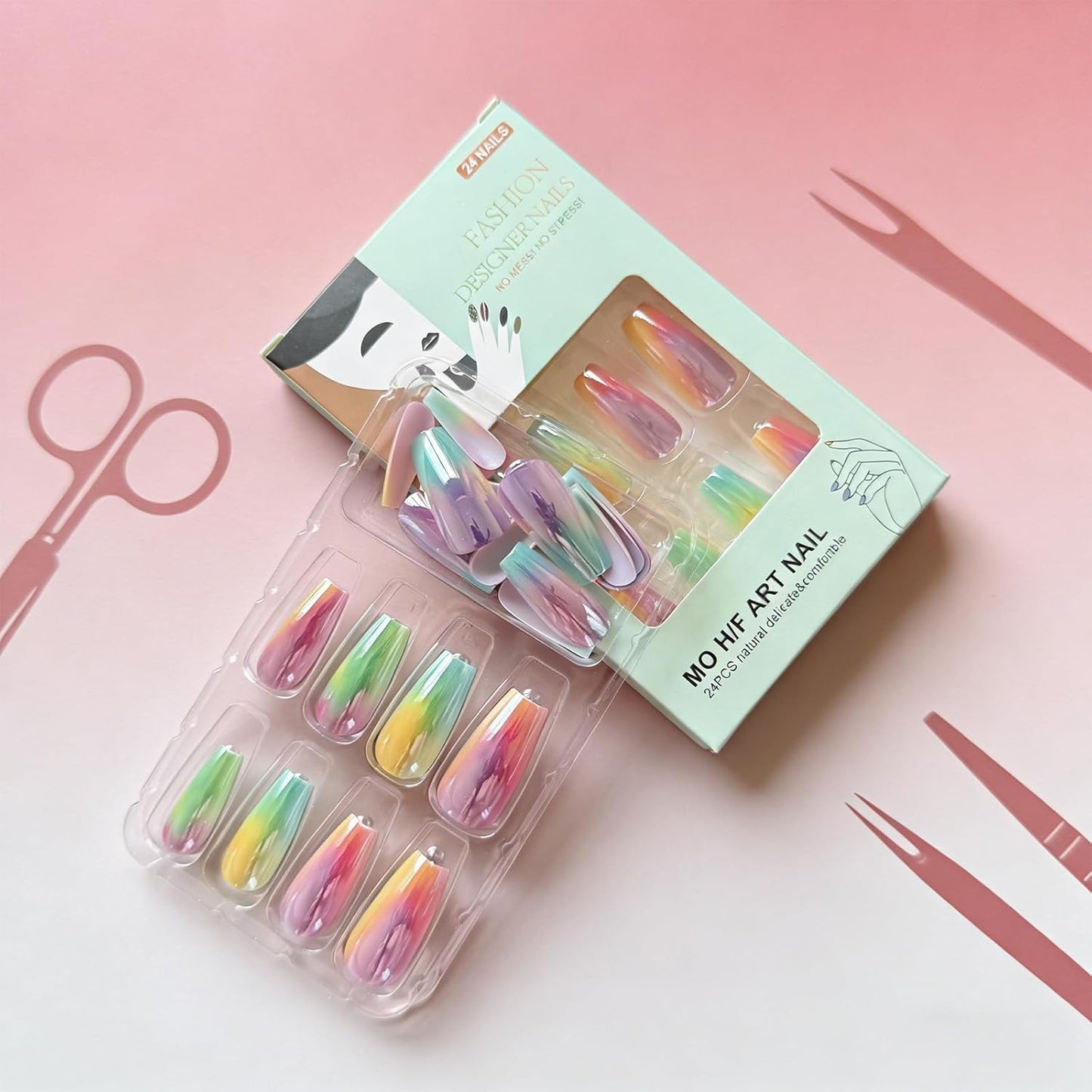 Dreamy Rainbow Aurora Press-On Nails - Medium Coffin Shape | 24 Pcs Reusable Glossy Full Cover Fake Nails for Women