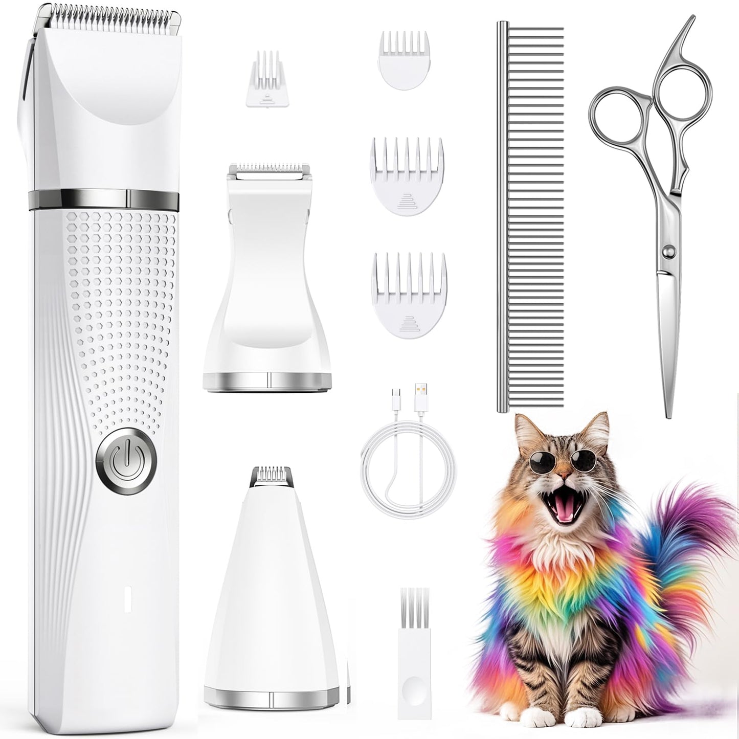 Bautrium Cat Grooming Clippers Kit with Paw Trimmer, 3 in 1 Electric Pet Hair Trimmer Supplies for Thick Matted Hair, Heavy Coat Butt Shaver Cat Razor Fur Trimmer for Dogs at Home (White)