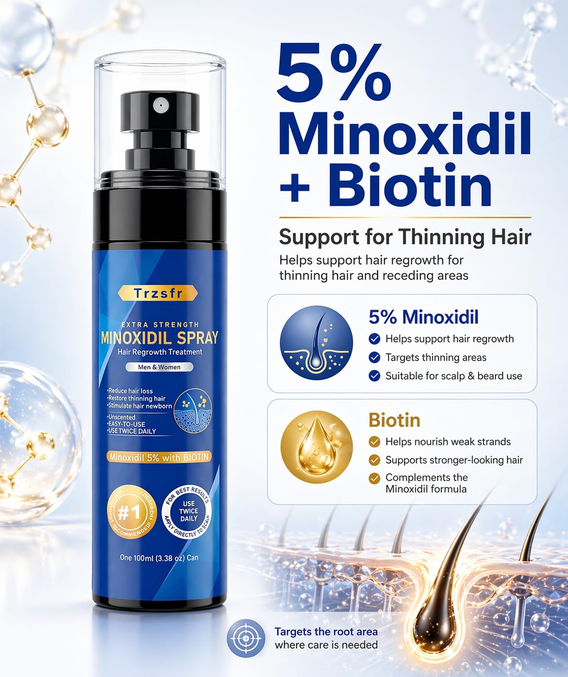 5% Minoxidil Spray for Men & Women with Roller Applicator, 5 Pack Hair Regrowth Treatment Infused with Biotin, Direct Bottle Connection for Precise Scalp & Beard Application, 16.9oz 8 Month Supply