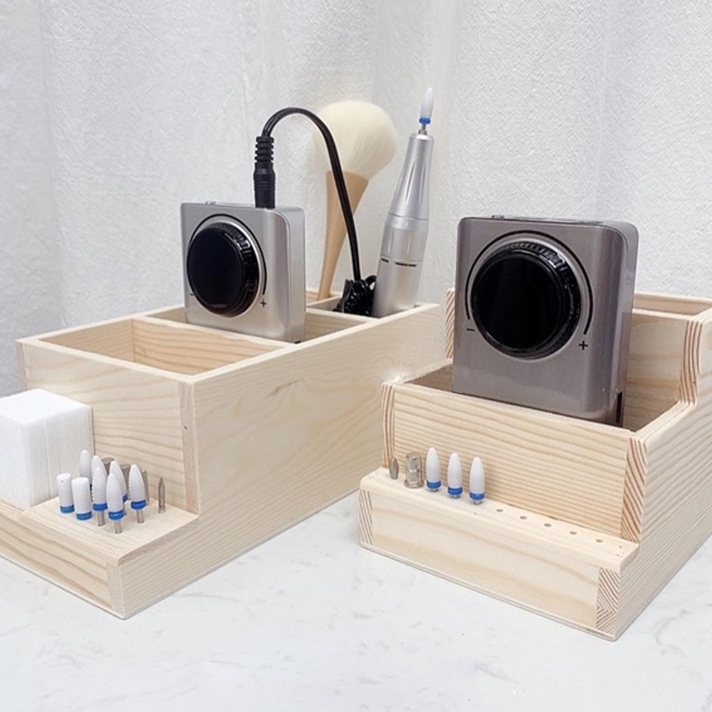 Beavorty Nail Tool Organizer Wooden Desktop Storage Box 4.84X4.52X3.93In Manicure Drill Bit Holder and Makeup Brush Container for Office and Home