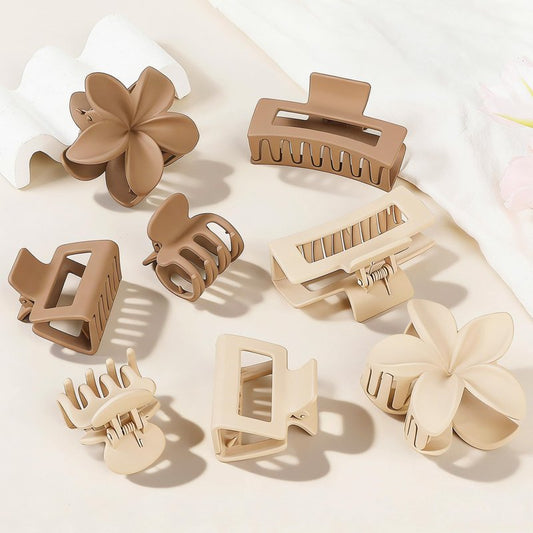 8 Pcs Matte Hair Clips for Women, Strong Hold Non-Slip Claw Clips for Girls, Flower Hair Clips for Thin Hair, Rectangle Claw Clips for Thick Hair, Neutral Colors Hair Accessories（Cream & Beige ）