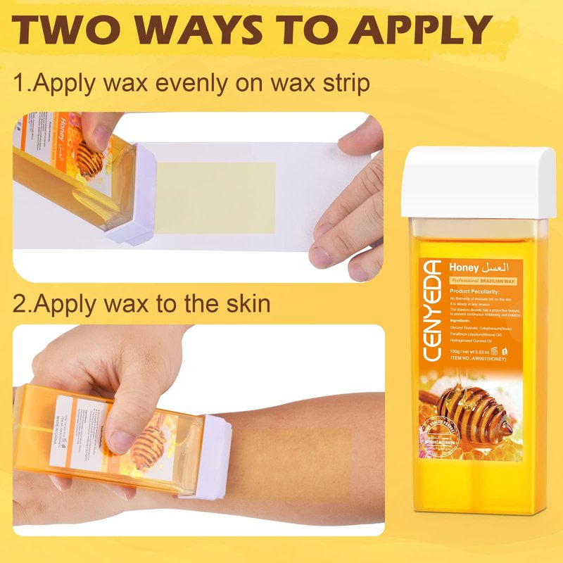 CENYEDA Roll On Wax Kit - Hair Removal Cartridges, 4 Pack Honey Rollers With 50 Strips and 20 After-Wax Treatment Wipes