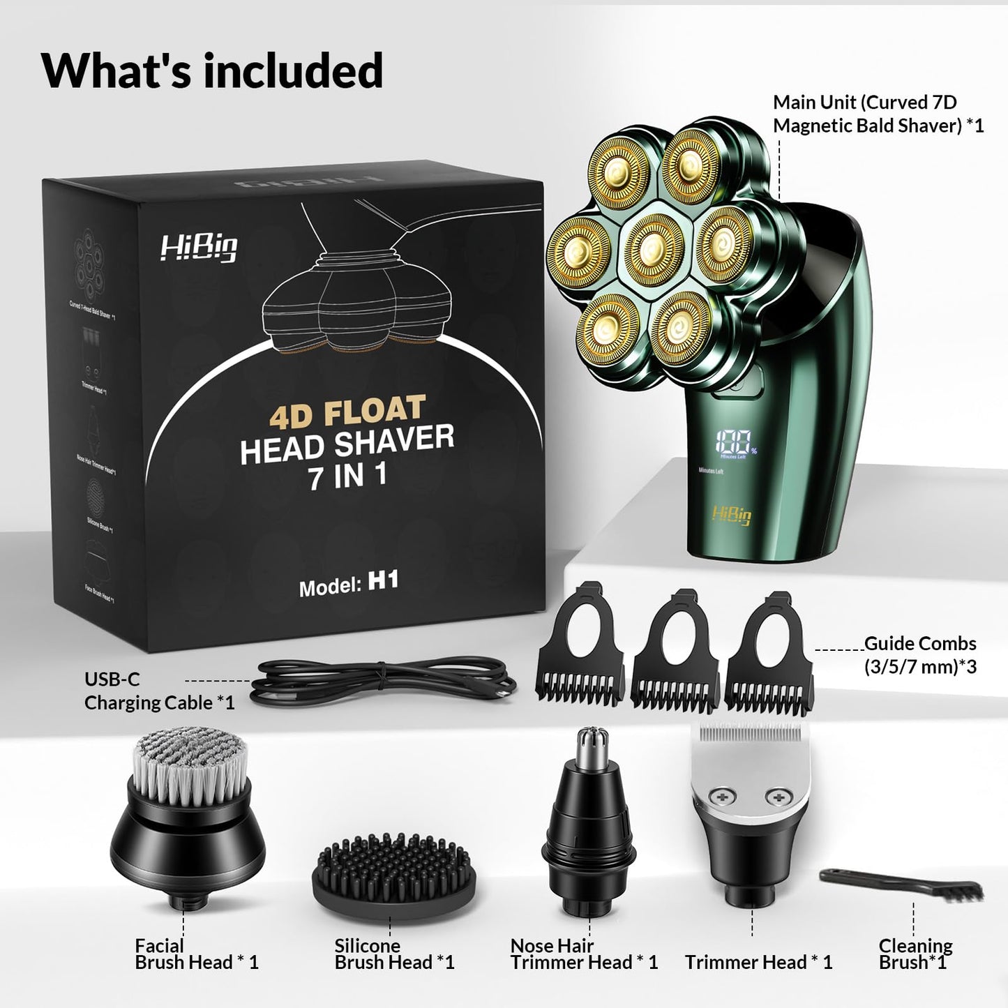 HiBig Head Shavers for Bald Men - 7D Arc Magnetic Detachable Electric Razor, Waterproof Wet Dry 5-in-1 Electric Shaving & Grooming Kit, LED Display Rechargeable Head & Body Hair Shaver, Dark Green