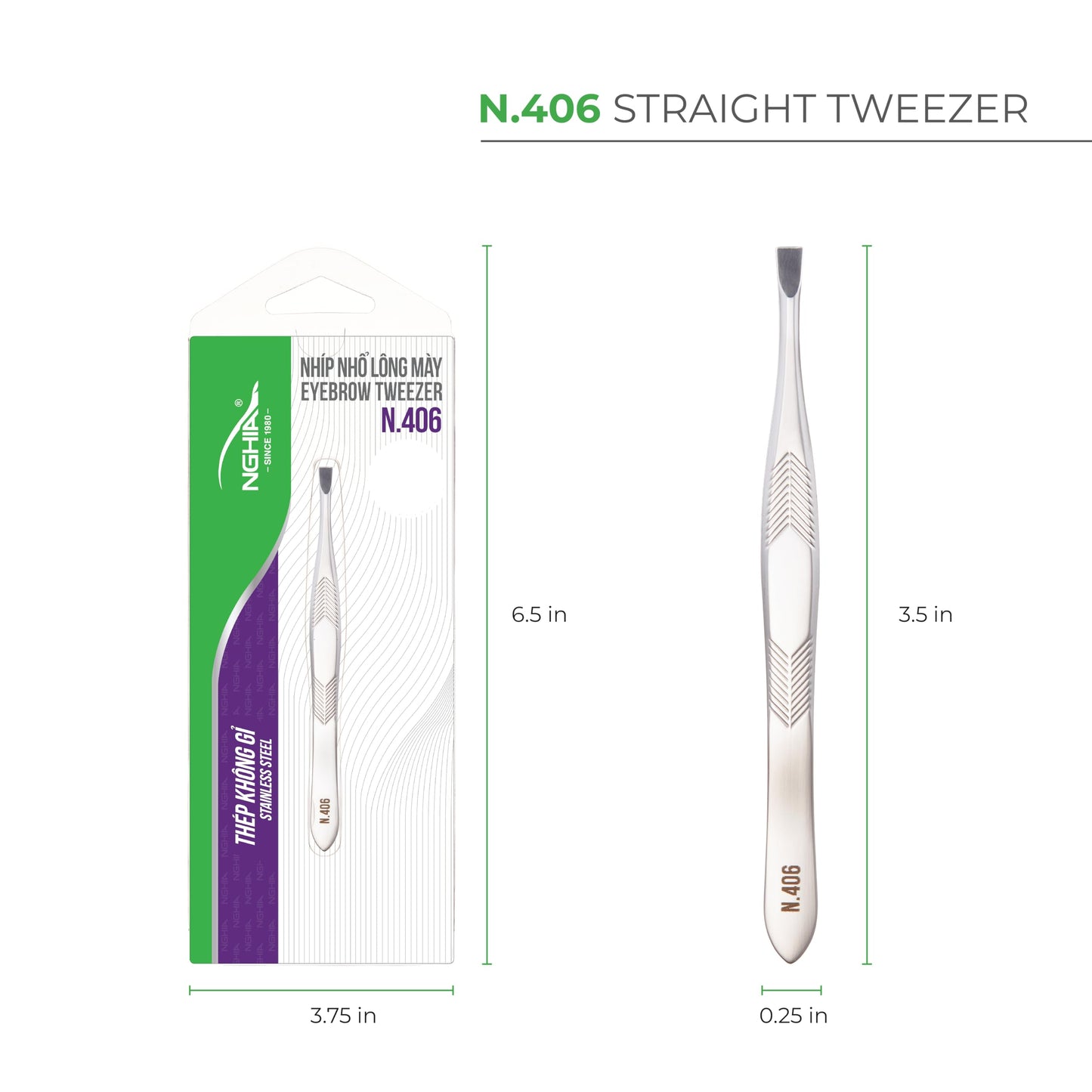 NGHIA Straight Tip Tweezer - N-406 | Stainless Steel Eyebrow Tweezer for Precision Grooming | Hair Removal | Professional Quality for Salon and Home Use
