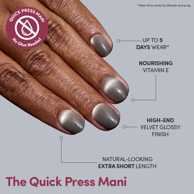 Glamnetic Quick Press Mani - No Glue Press On Nails, Just Peel and Stick, Oval Extra Short Nails, Mess Free, Salon Quality Stick On Nails, Sparkly Moss | in 15 Sizes - 30 Nail Kit