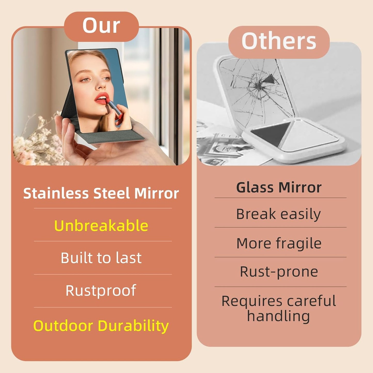 Shatterproof Stainless Steel Pocket Mirror - Compact Folding Travel Mirror for Women | Portable Handheld & Tabletop Use (Pink)