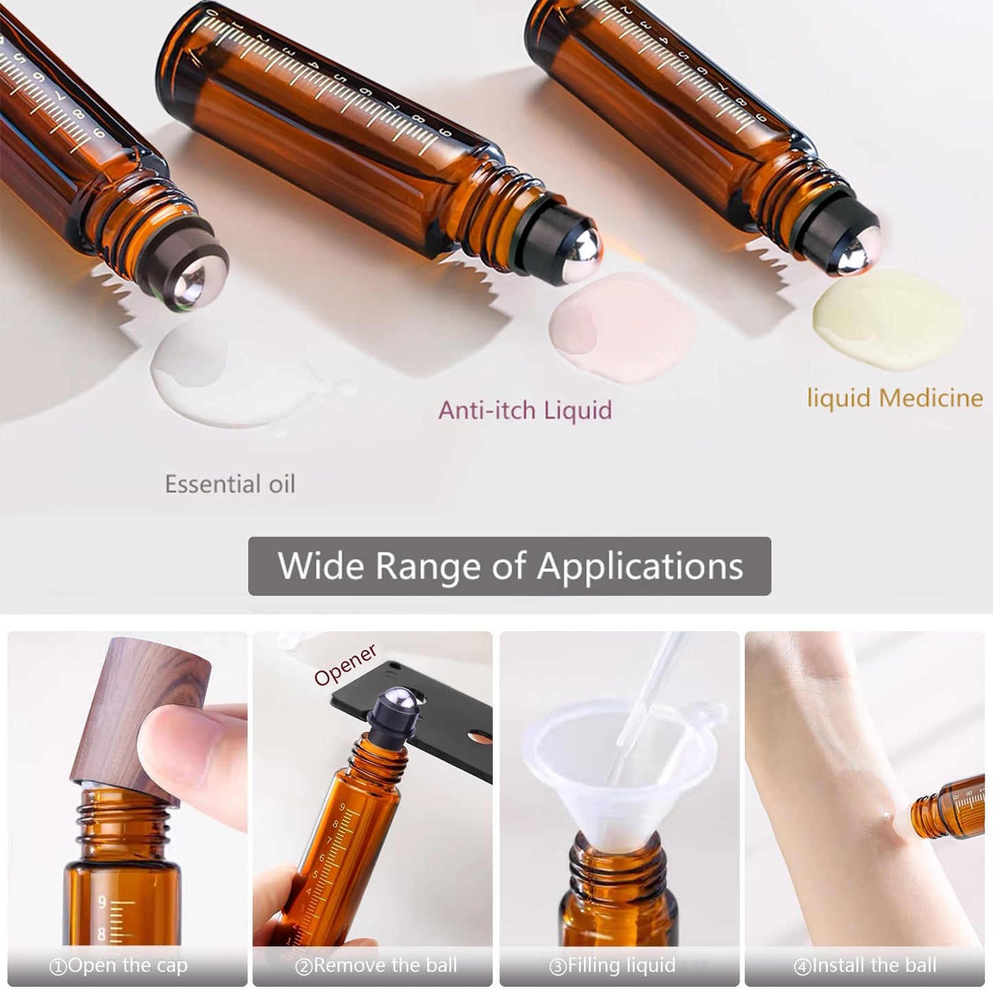 Matifaner 30pcs Essential Oil Roller Bottles, Amber Glass Roller Balls for Essential Oils, 10ml Empty Rollerball Bottles for Travel Refillable Roll on Perfume