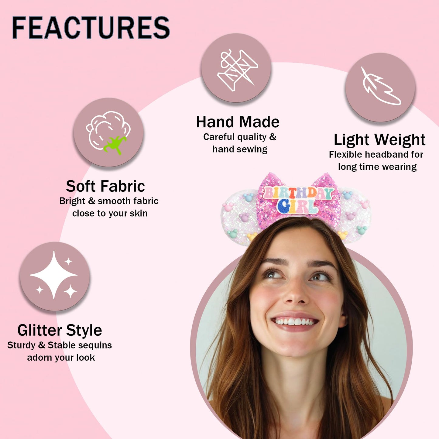 zhezesmila Mouse Ears for Women Birthday Girl Headband Sequin Ears Hair Accessories for Birthday Decorations Park Trips