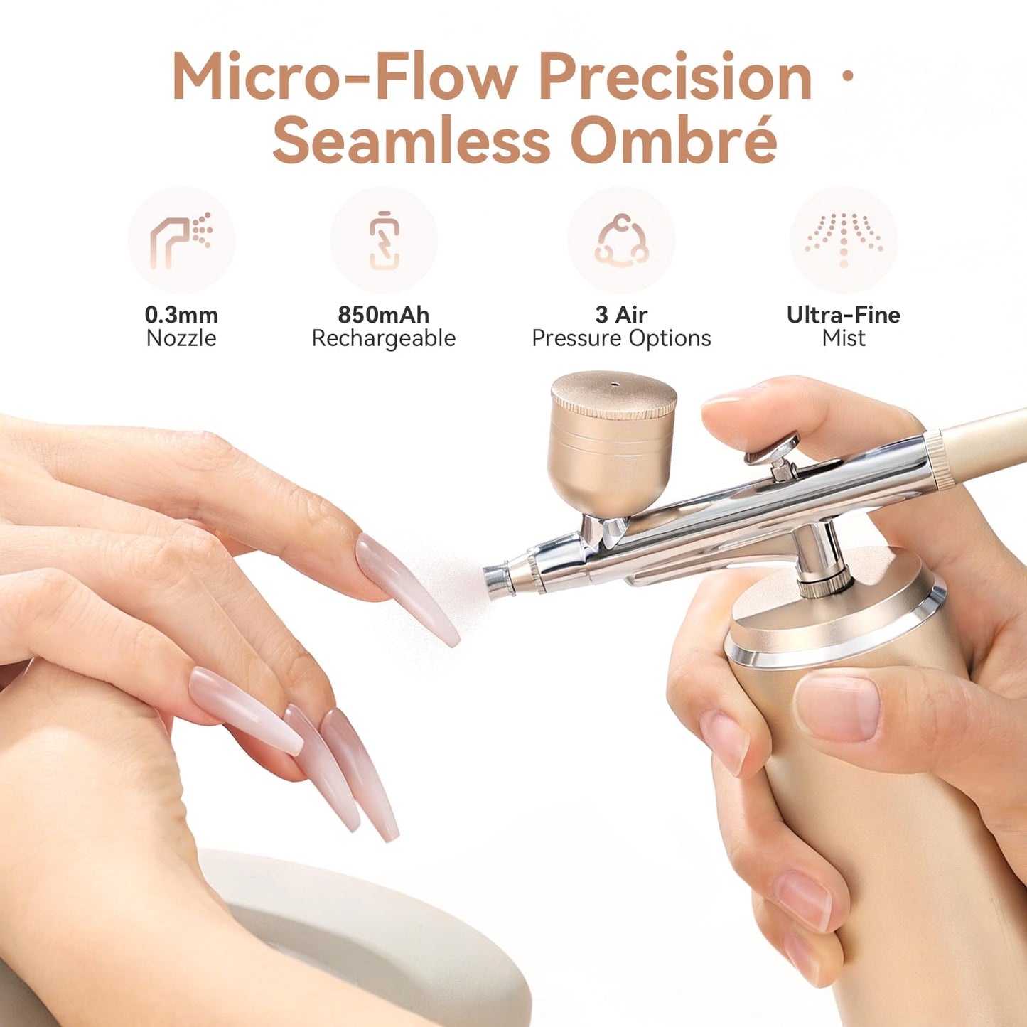 Vrenmol Airbrush Kit: Micro-Flow Precision Airbrush for Nails with Compressor Rechargeable Three-Mode Nail Airbrush Machine 0.3mm Nozzle Nail Art Airbrush Kit for Ombre French Nails Salon