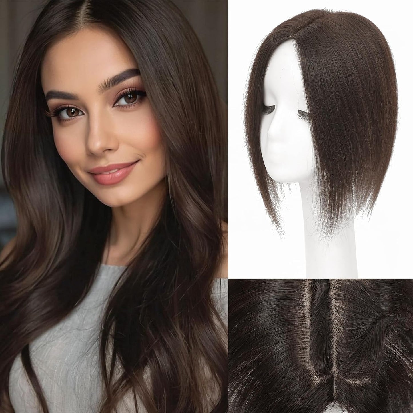 Real Human Hair Toppers for Women - 14 Inch Clip-In Curtain Bangs | Dark Brown, 360° Coverage