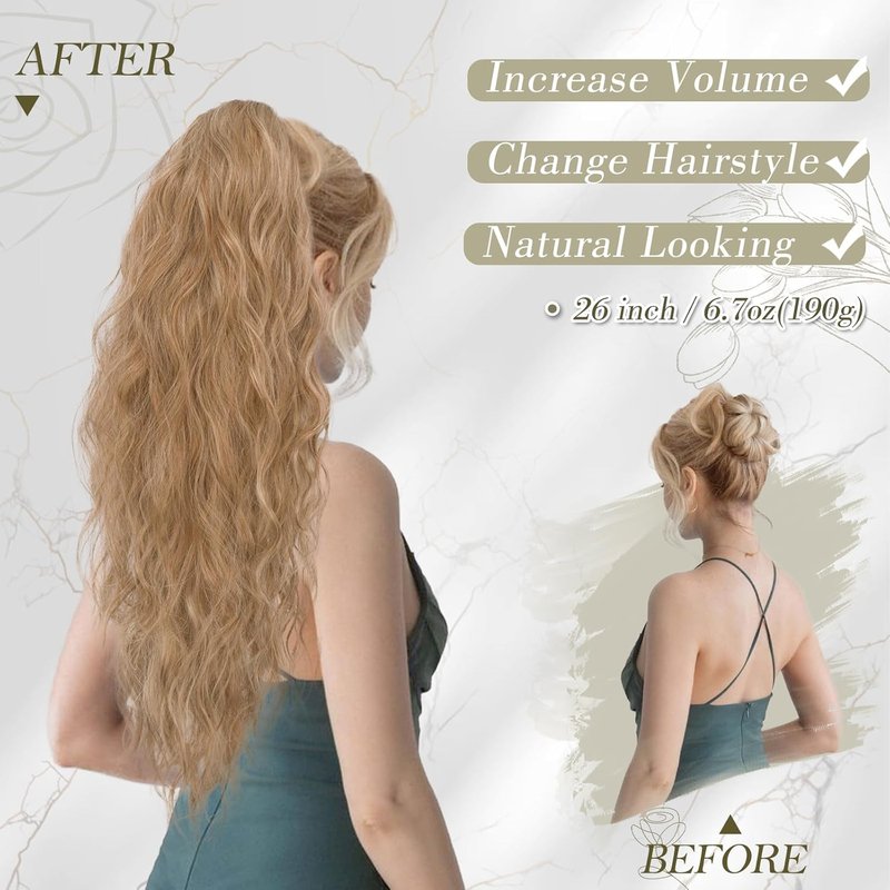 Blonde Ponytail Extensions - 26 Inch Curly Wavy Drawstring Hairpiece for Women | Light Blonde Mixed