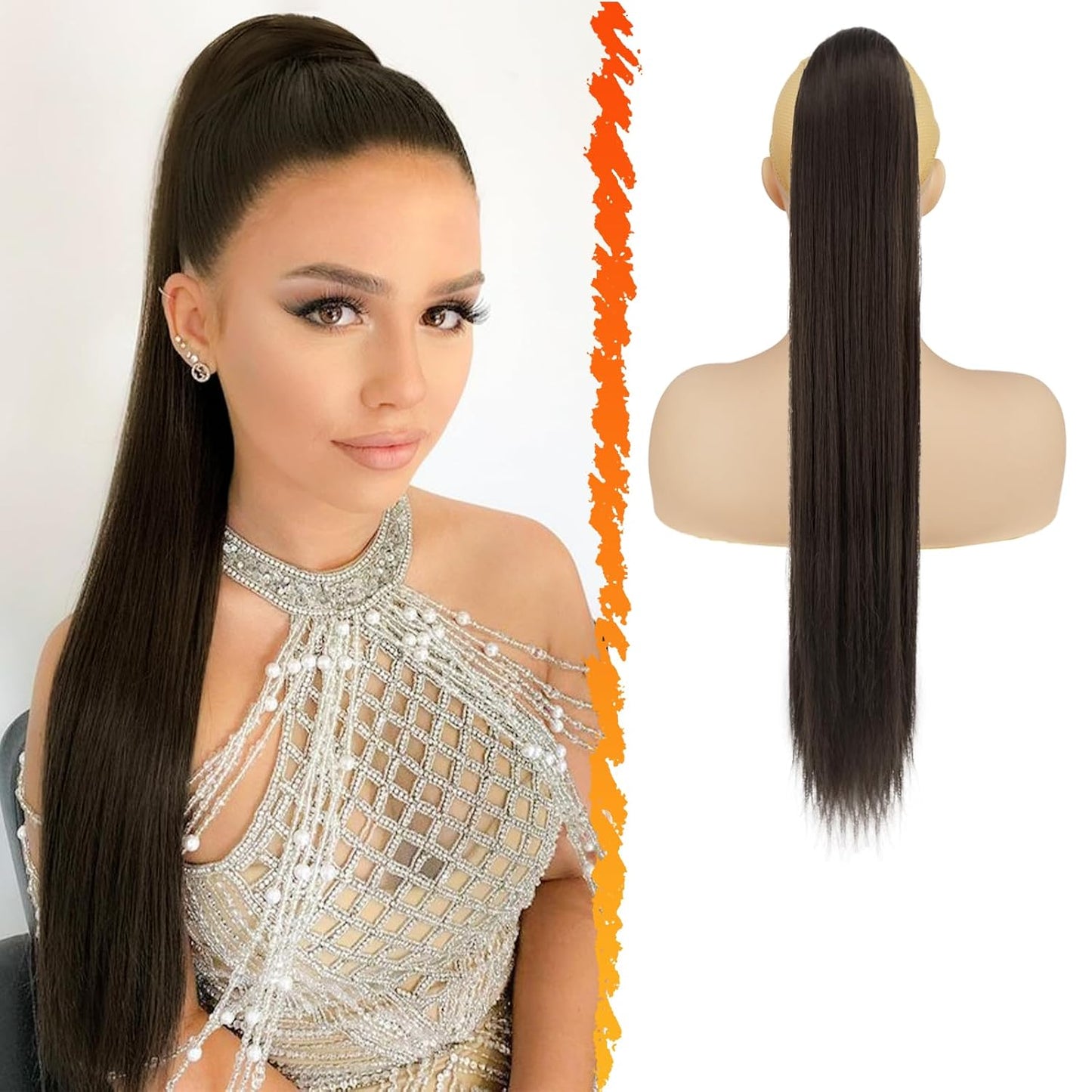 Long Straight Ponytail Extension - 26 Inch Brown Synthetic Clip-In Hairpiece for Women | Light Brown Mixed