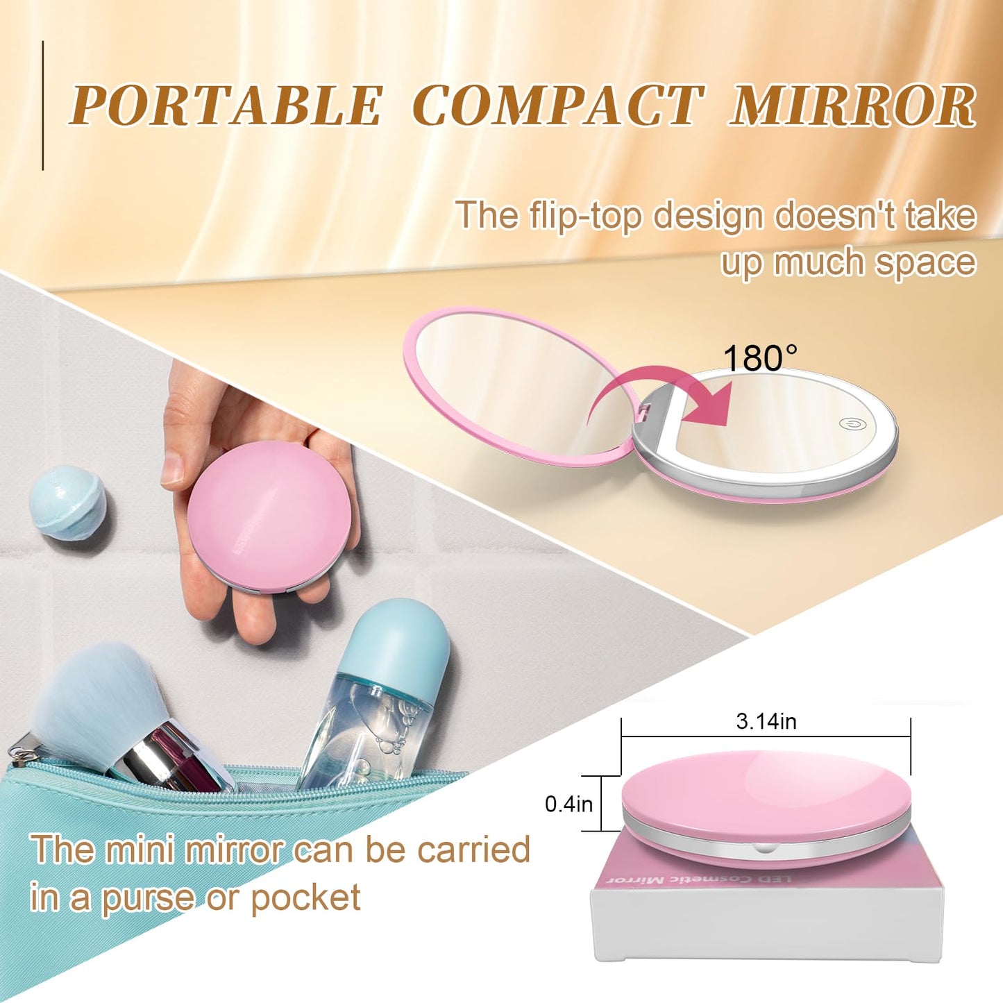 Kakuje Compact Mirror with Light, 1X/3X Magnification LED Pocket Mirror with USB Data Cable,Mini Mirror for Purse, Pocket,Travel and Present (Pink)