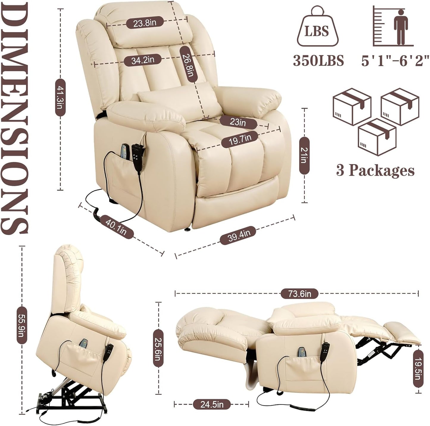 Infinite Position Lift Recliner Chair - Dual Motor Power with Massage & Heating | Extended Footrest, USB Ports, Remote Control, Beige Leather
