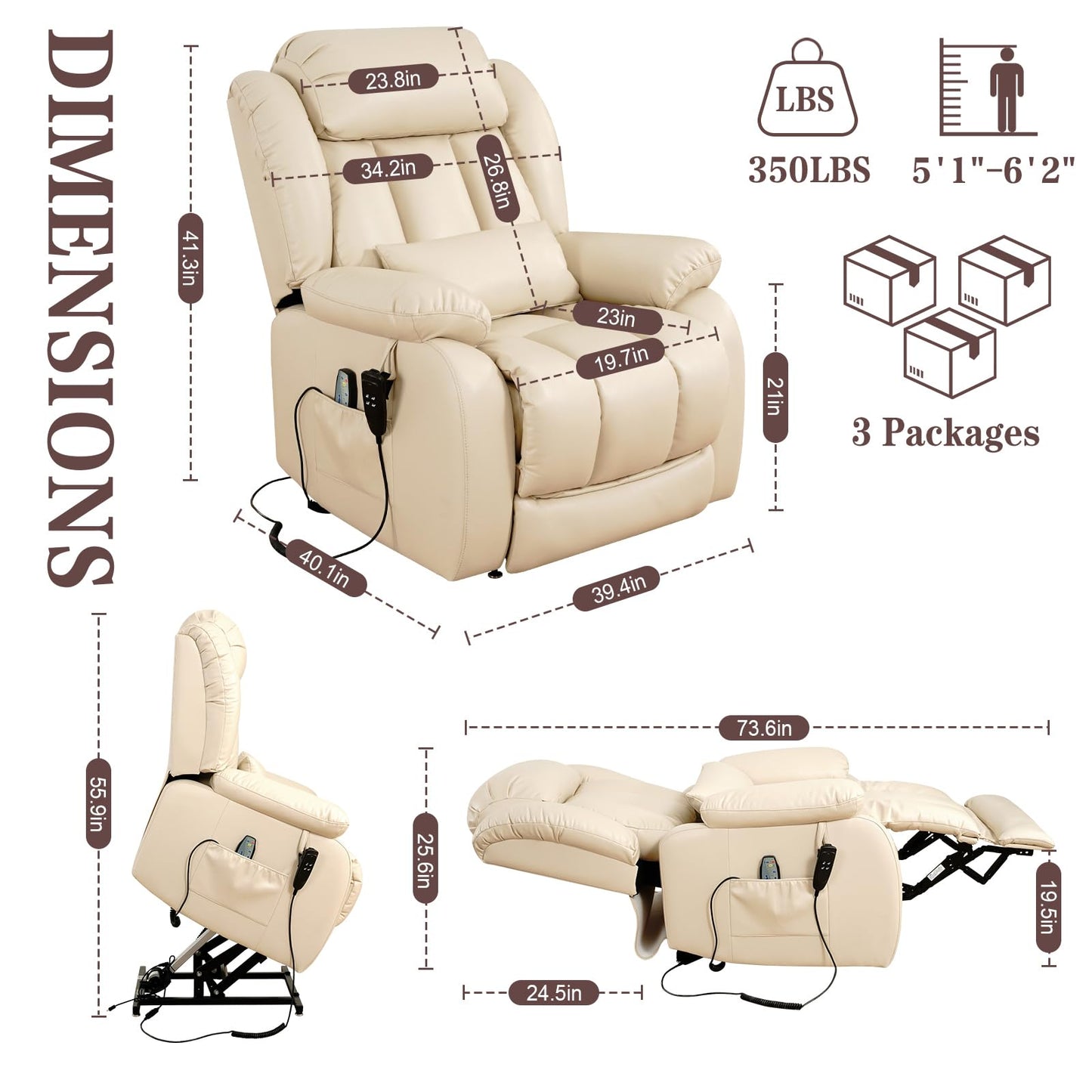 Infinite Position Lay Flat Lift Recliner Chair for Adults, Dual Motor Power Lift Chair for Elderly with Massage & Heating, Extended Footrest, USB Ports, Remote Control & Lumbar Pillow, Leather (Beige)