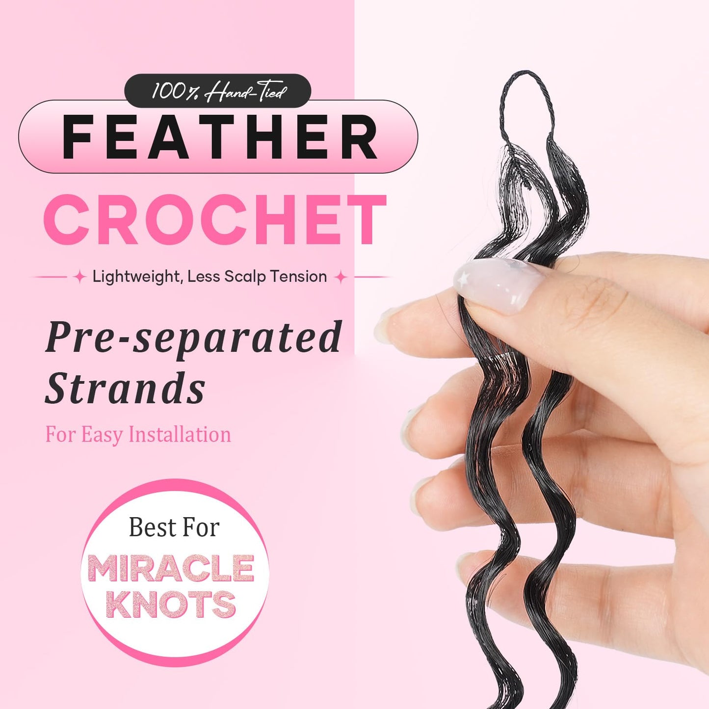 Miracle Knots Feather Crochet Hair (Deep Wave) - 20" Hand-Tied Synthetic Extensions, 150 Strands Soft Cotton Core Glue-Free Knotless Hair Pieces (Natural Black)