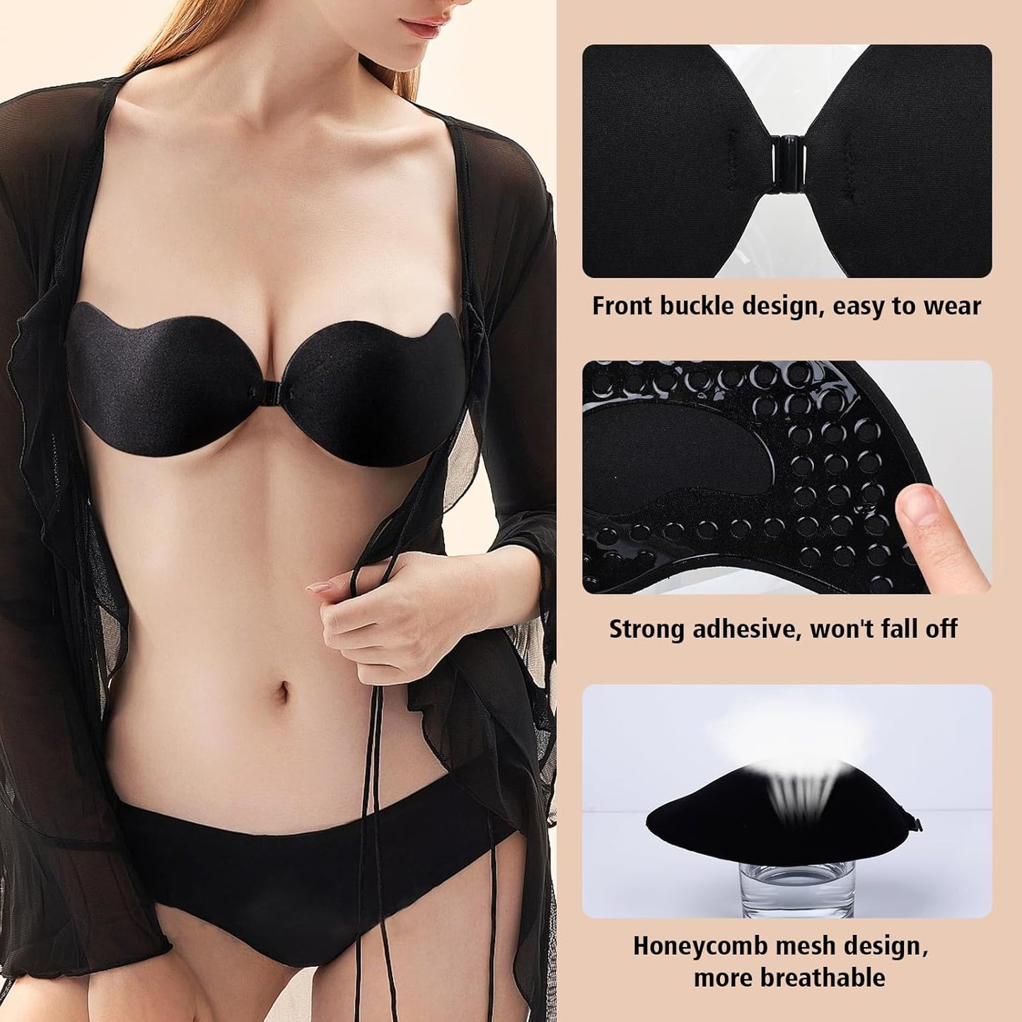 Cleavage Bra - Push Up Sticky Strapless Backless Invisible Adhesive Bra Set for Women | Black/Nude