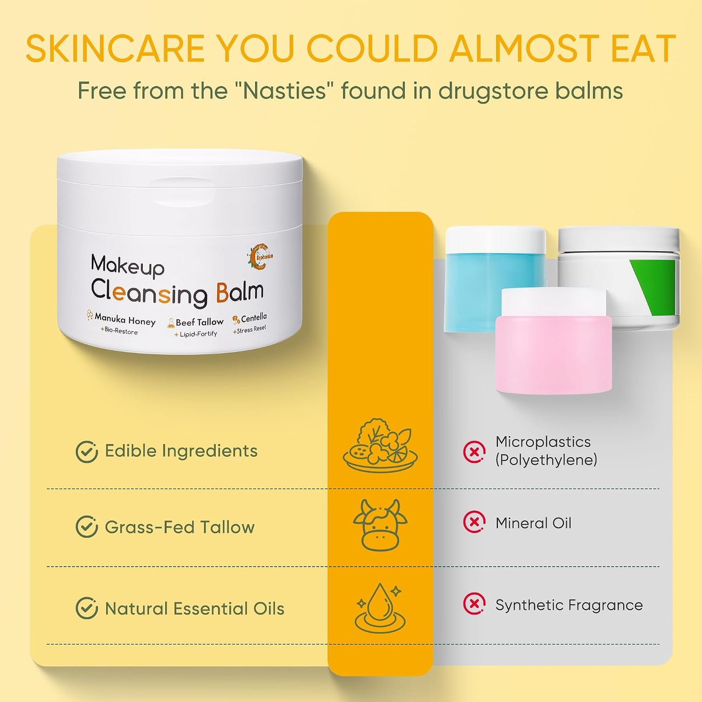 Cleansing Balm Makeup Remover - Manuka Honey & Tallow | Soothing Cica for Sensitive Skin, 3.53 Oz