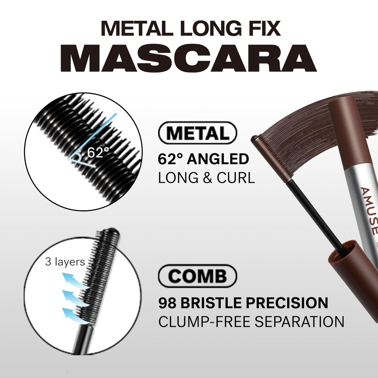 AMUSE SEOUL Long Fix Metal Mascara (01 BLACK) - Tubing Mascara, Smudge Proof, Clump Free, Flake Proof, 2 in 1 Comb Iron Wand, Defining, Curling, Volumizing, Superproof, Vegan, Korean Makeup
