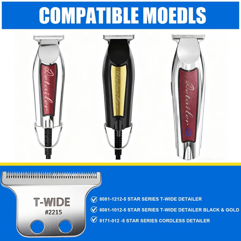 2215 Replacement T Wide Blades Compatible with Wahl 5 Star Detailer Li Trimmer(8081) and (8171) - Adjustable Stainless-steel Zero-Gap Trimmer Blade ((2pcs -silver)