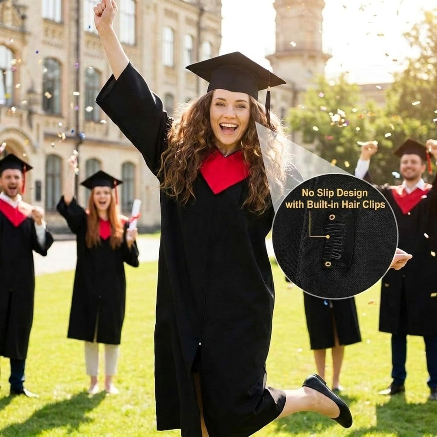 Black Graduation Caps for Long Hair - No Slip Design with Built-in Hair Secure Clips | 8 Pcs for 2026 Graduates