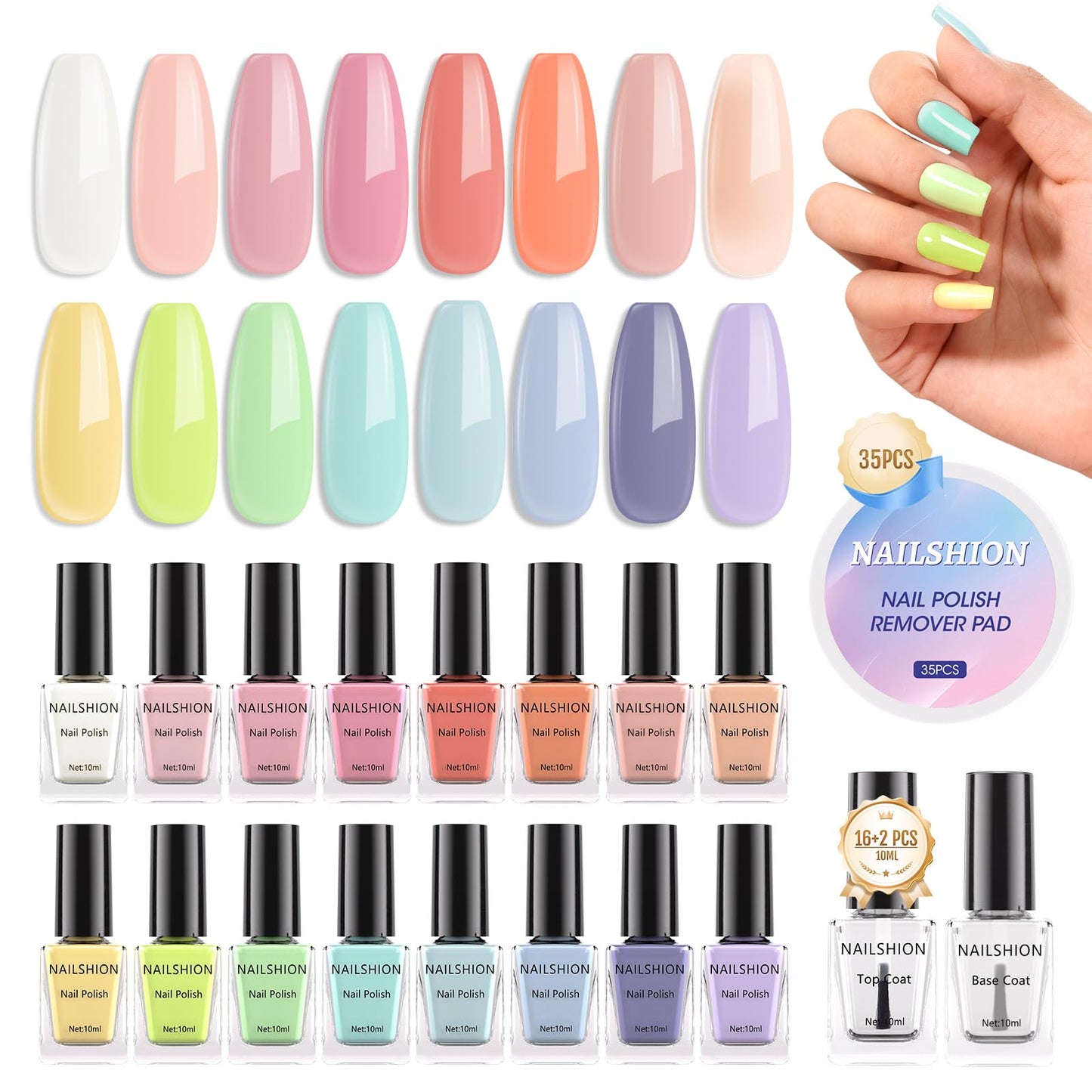 Nailshion 16 Colors Macaroon Nail Polish Set, Nude Pink Palette Nail Lacquer with Base Top Coat & Remover Pads, Quick Air Dry Non-Gel, French Nails Fingernail Toenail Nail Art Design Kit