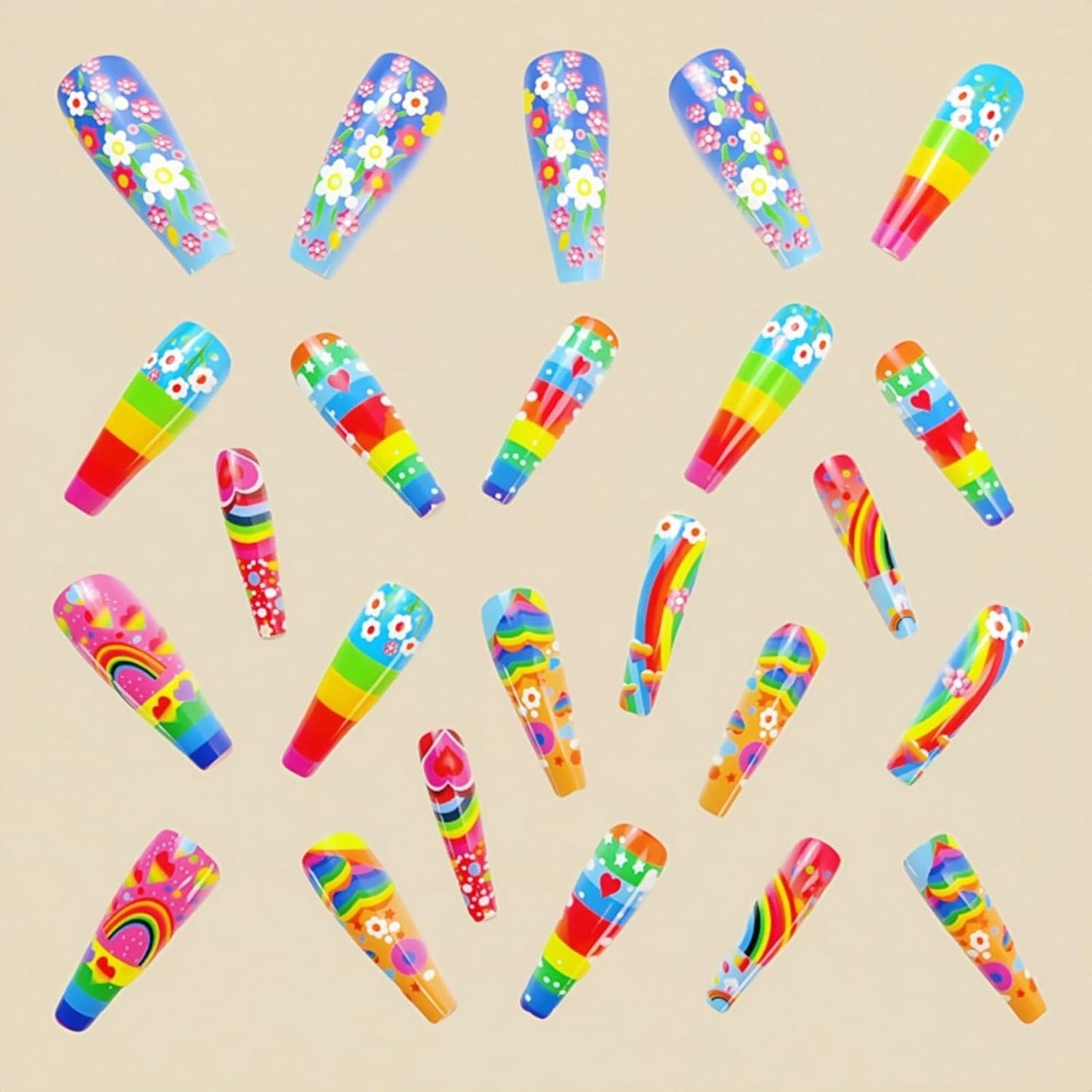 Colorful Press On Nails - Long Coffin Fake Nails with Rainbow Heart & Flower Design | Reusable Glossy Acrylic Nails for Women