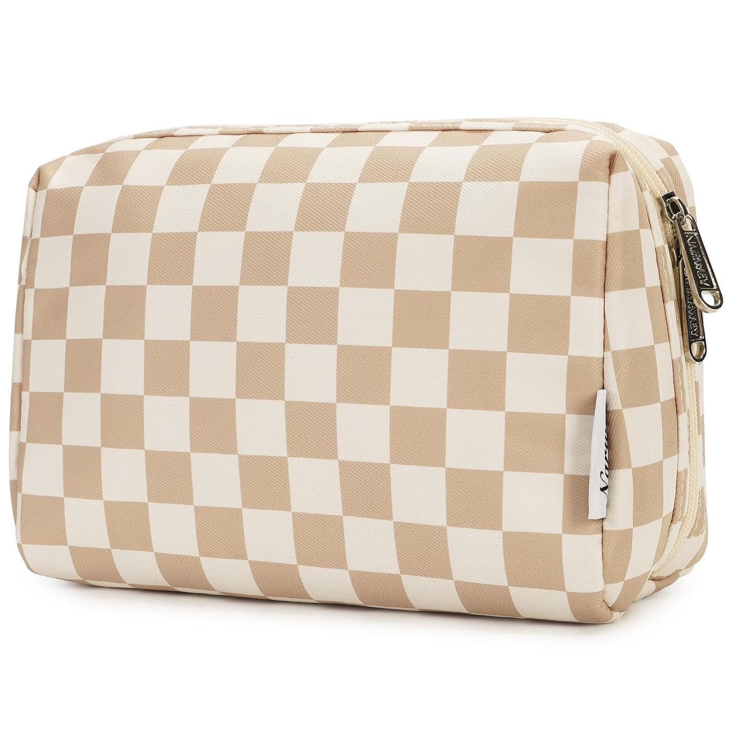 Checkered Makeup Bag - Travel Cosmetic Organizer with Compartments | Large Sky Blue Checkerboard