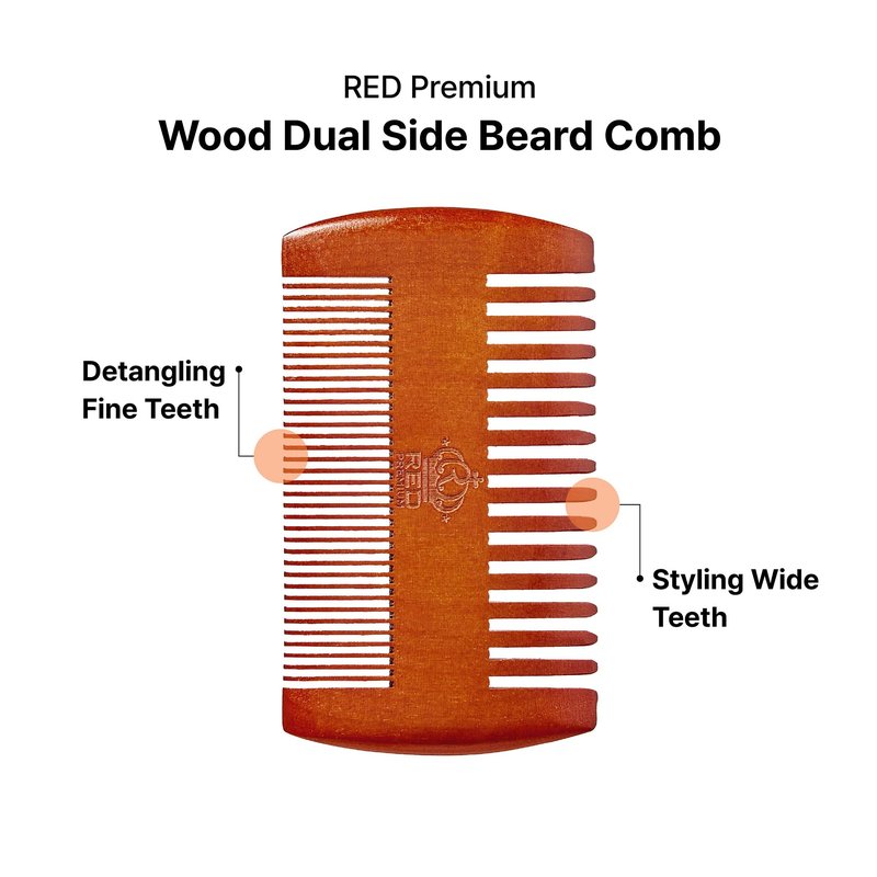 RED by Kiss Premium Wood Men Dual Side Beard Comb, Easy Detangling and Styling, Durable Design for Gentle Beard Hair & Mustache Grooming Essential, No Snagging & Pulling, Maximize Conditioning