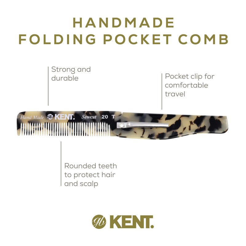 Kent 20T TW Handmade Folding Pocket Comb for Men, Fine Tooth Hair Comb Straightener for Everyday Grooming Styling Hair, Beard or Mustache, Use Dry or with Balms, Saw Cut Hand Polished, Made in England