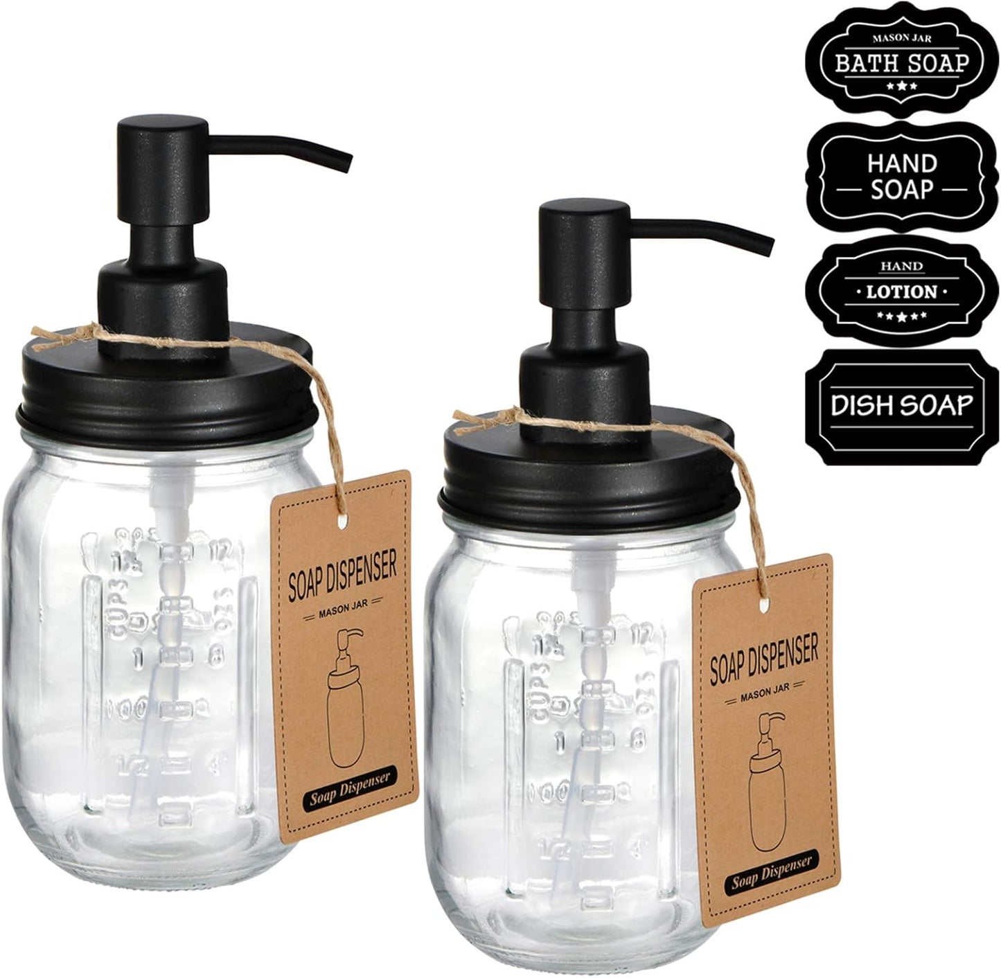 Mason Jar Liquid Soap Dispenser - 16oz Refillable Glass Pump | Black 2 Pack for Kitchen & Bathroom Decor