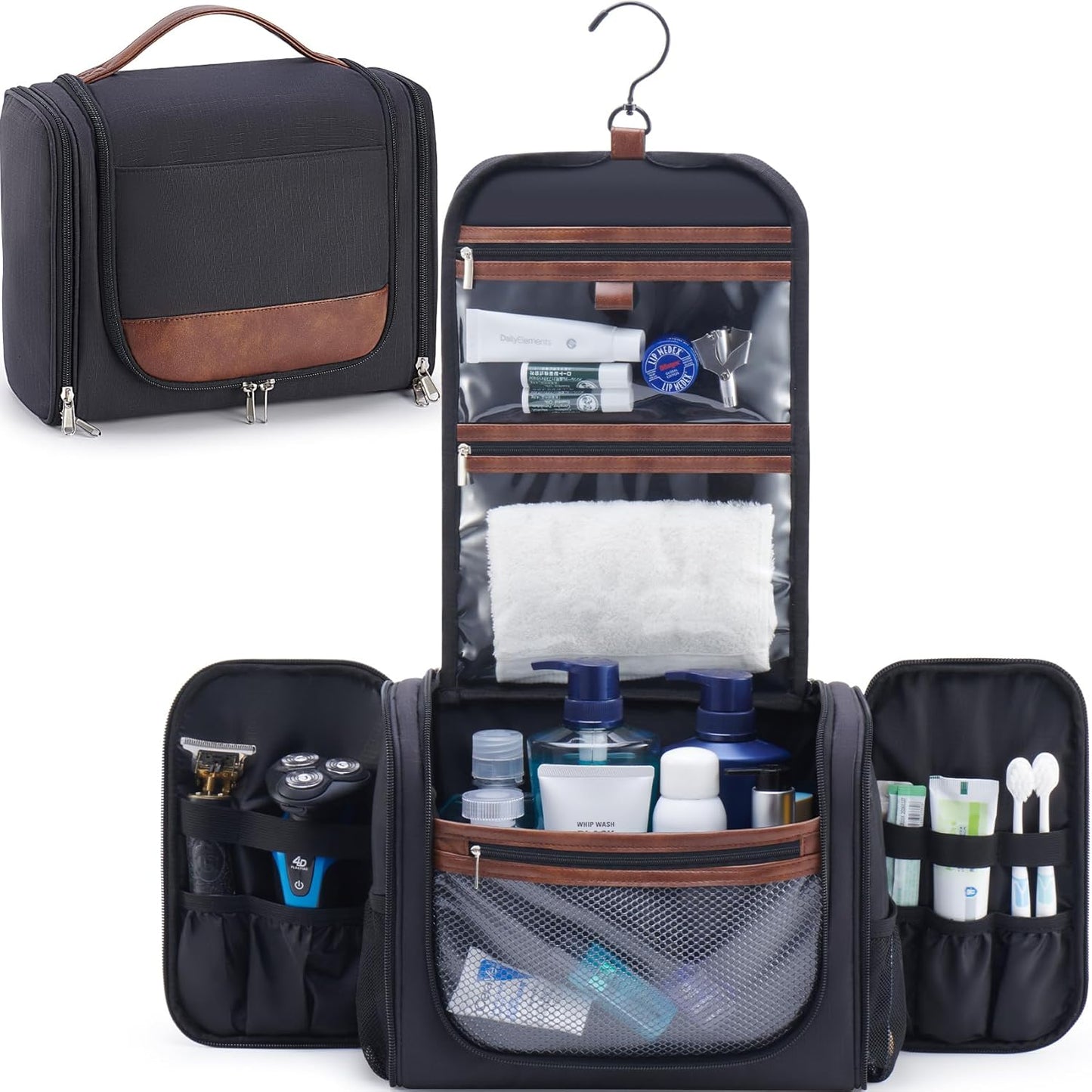 Large Hanging Toiletry Bag for Men - Travel Organizer with Hook | Black Hygiene & Grooming Essentials