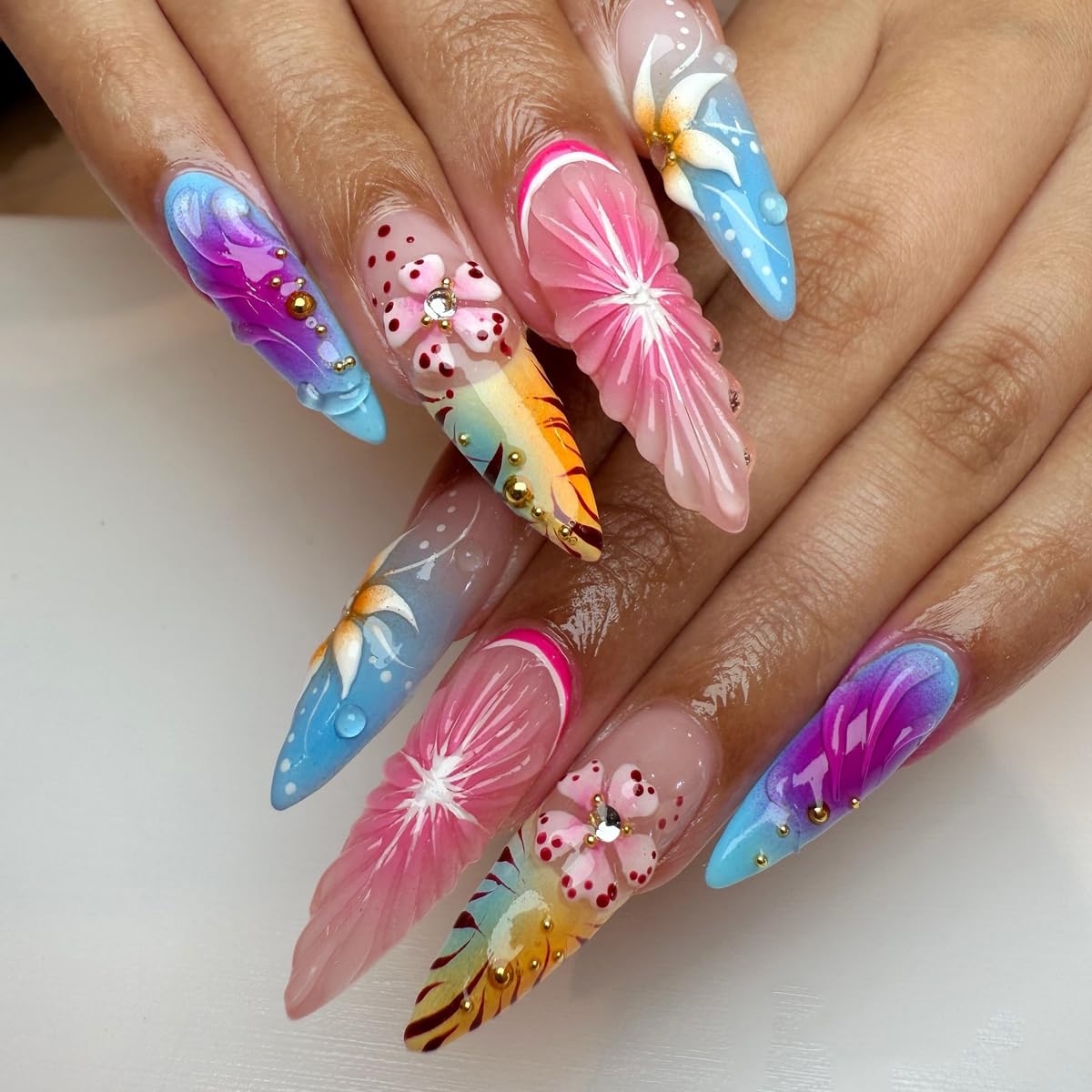 French Tip Almond Press-On Nails - Cat's Eye Acrylic with 3D Charms | 24 Pcs Set