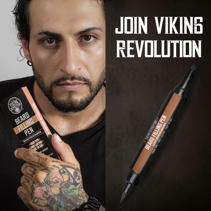 Viking Revolution Beard Pen (2 Pack) - Light Reddish Brown Beard Pencil Filler for Men - Beard Filler for Men Waterproof Beard Filling Pen Kit - Long Lasting Beard Filler Pen with Brush