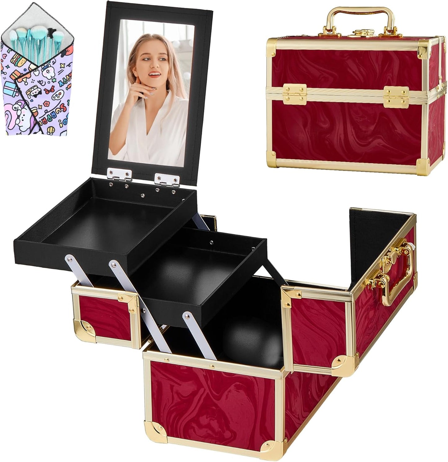 Portable Makeup Train Case - 2-Tray Cosmetic Organizer with Mirror | Travel Makeup Box in Rose Gold & Black