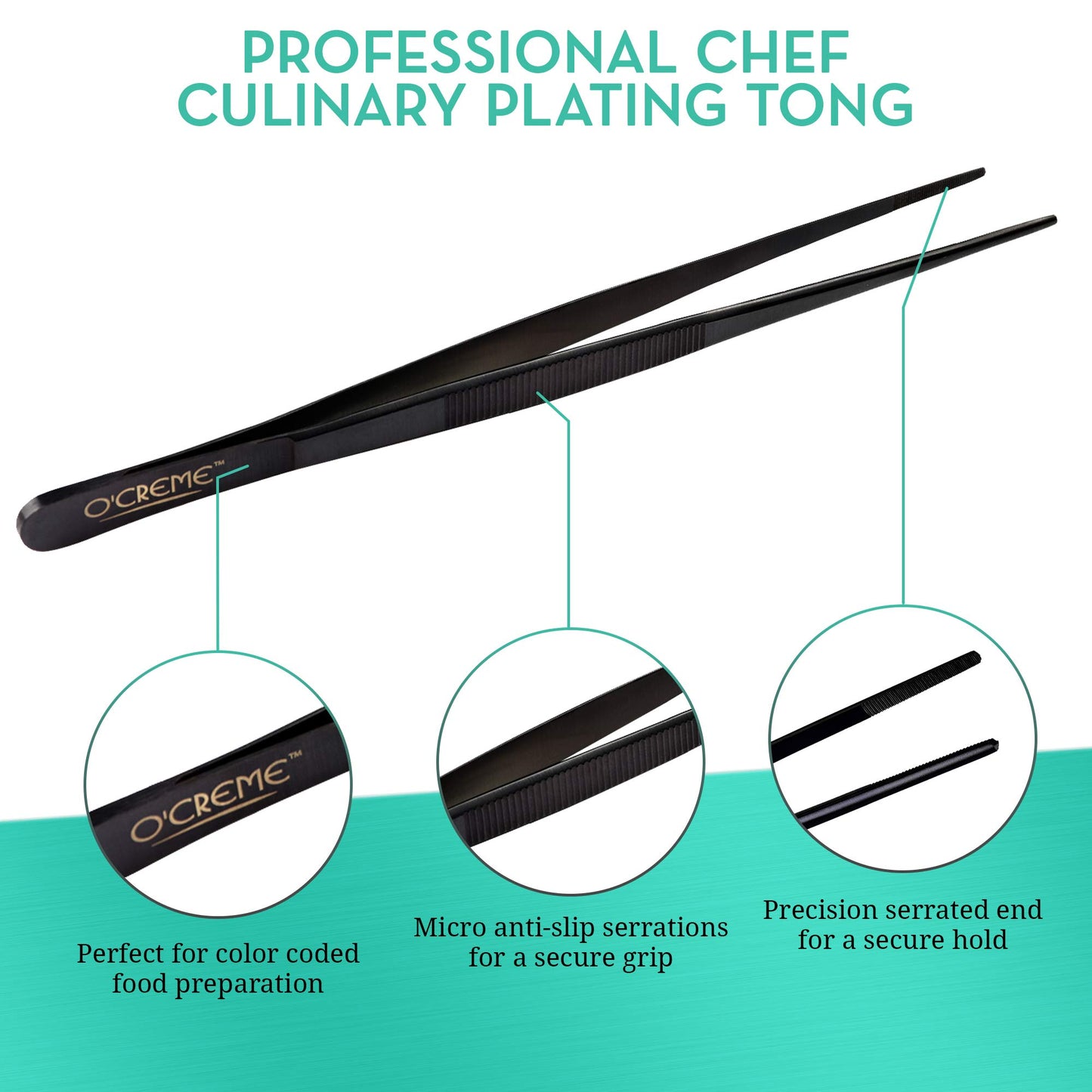 O'Creme Culinary Stainless Steel Tweezer Tongs Set of 2 - One 10 Inch Straight and One 8 Inch Offset Black Color