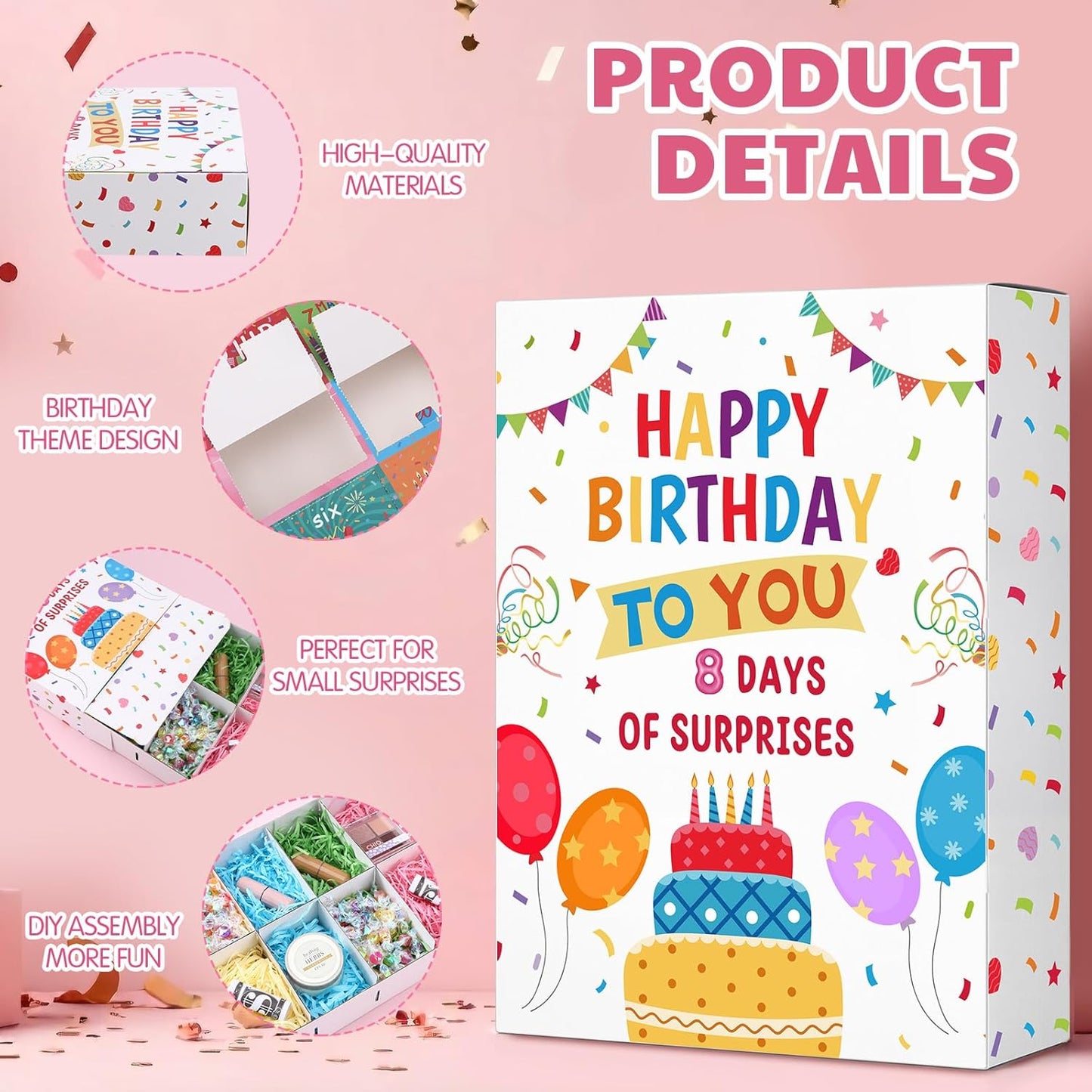 Birthday Advent Calendar Gift Box - 8 Days Countdown Containers | Fill It Yourself with Raffia Grass for Party Favors (Macaron)