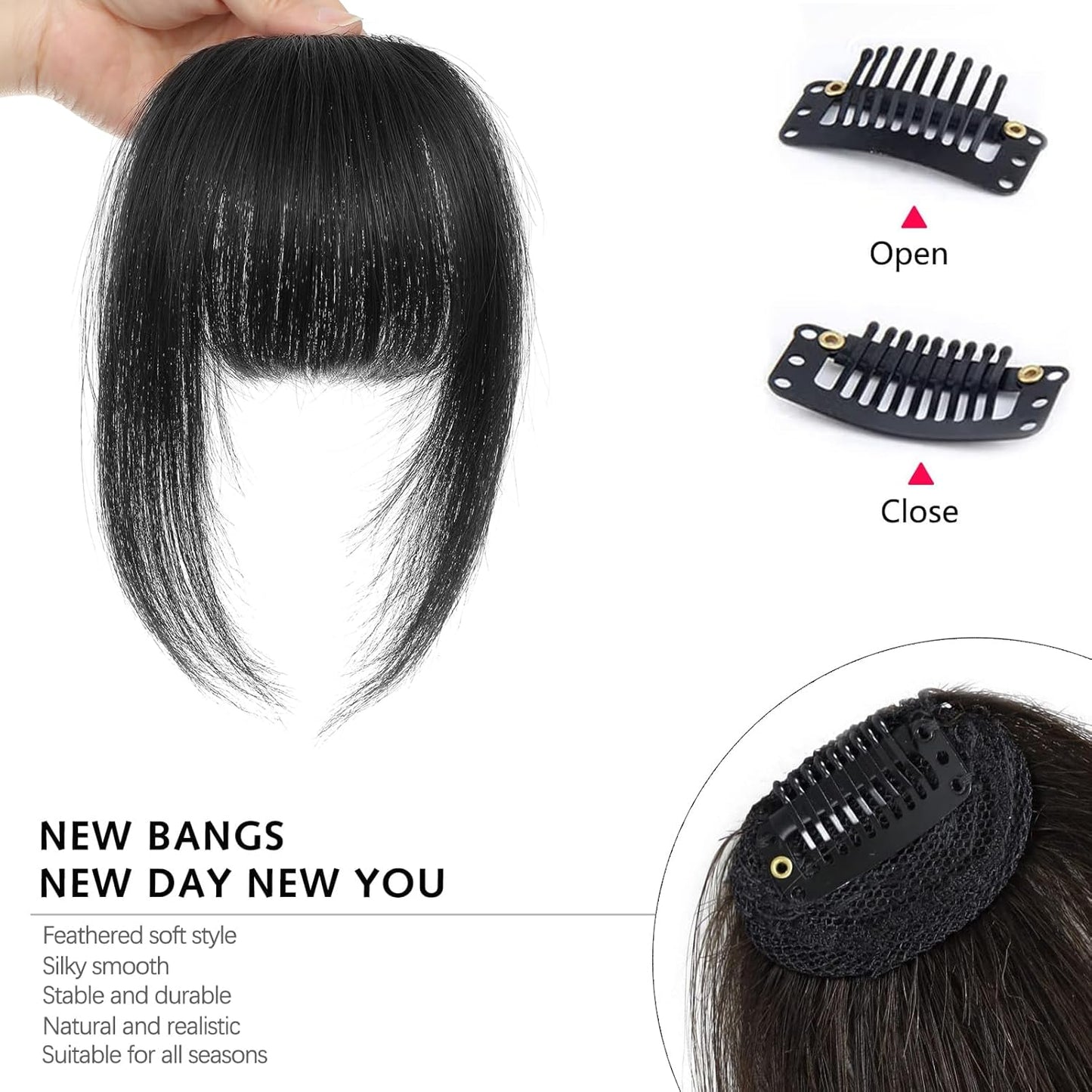 Clip In Bangs | Natural Black Real Human Hair Extensions - Stylish Curtain Fringe for Women