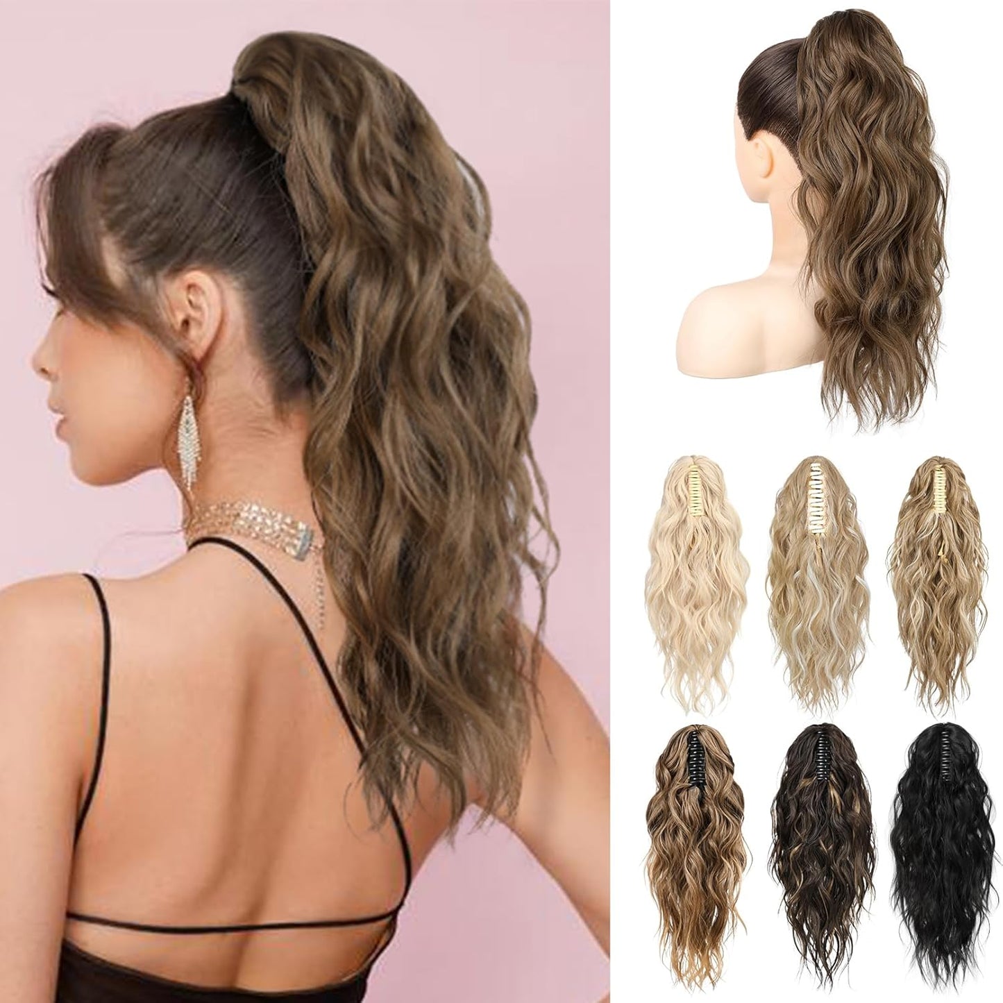 Ponytail Extension - 18" Wavy Claw Clip Hairpiece | Synthetic Curly Ponytail - Black Brown