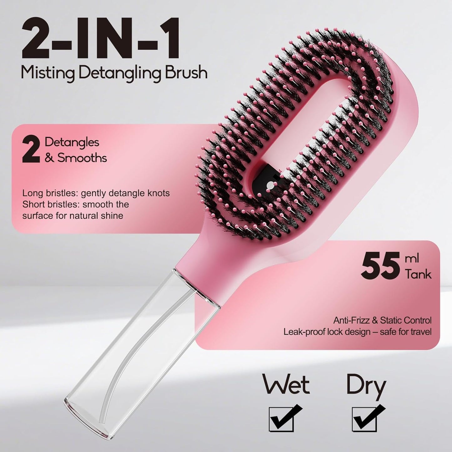 Continuous Mist Spray Hair Brush - 2-in-1 Detangling Tool for Frizz Control | Pink for Wet & Dry Styling