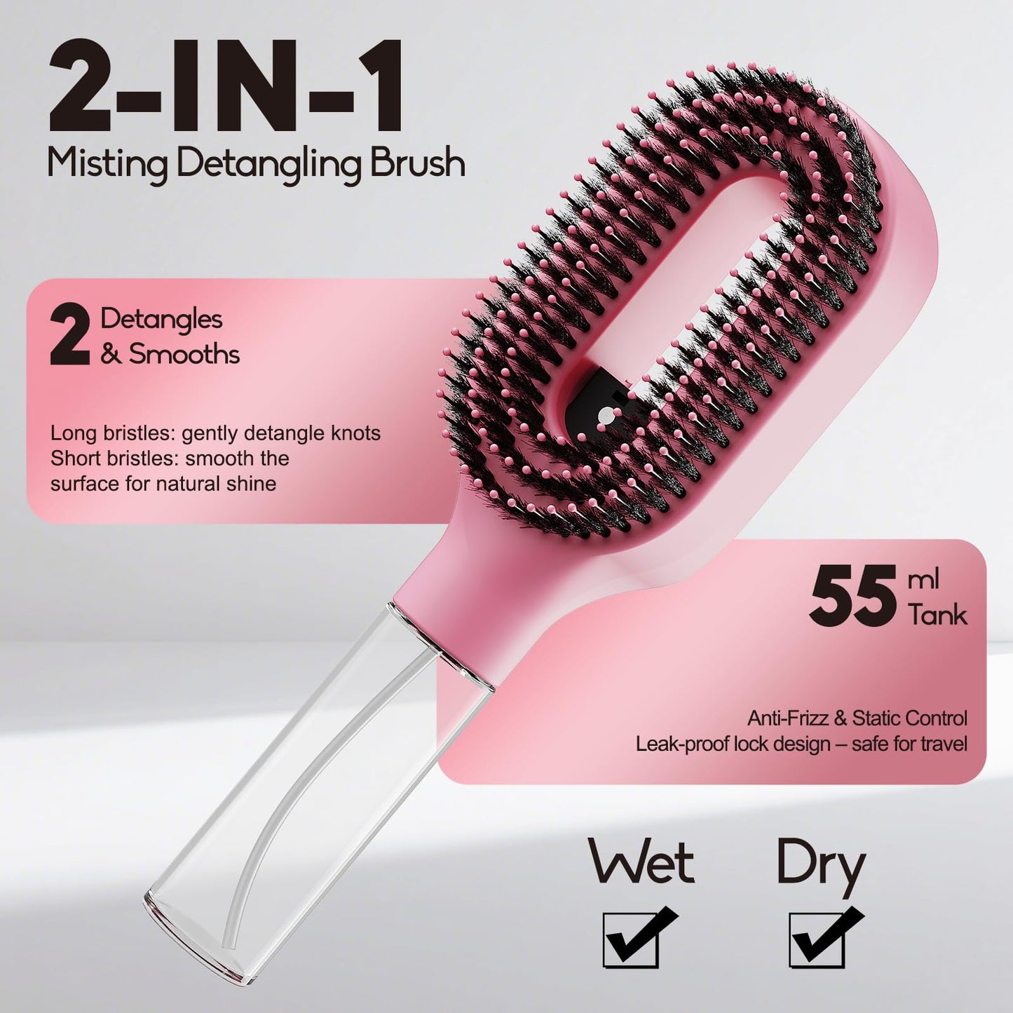 Manual Spray Hair Brush with Fine Mist for Frizz Control, Pink