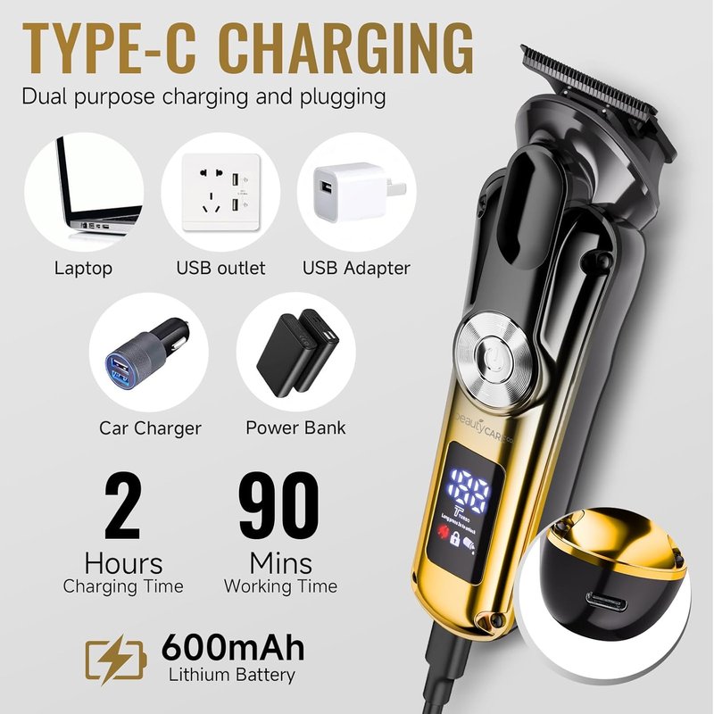 Hair Clippers for Men - Cordless T-Blade Beard Trimmer with LED Display | Rechargeable Self Haircut Kit with 3 Combs